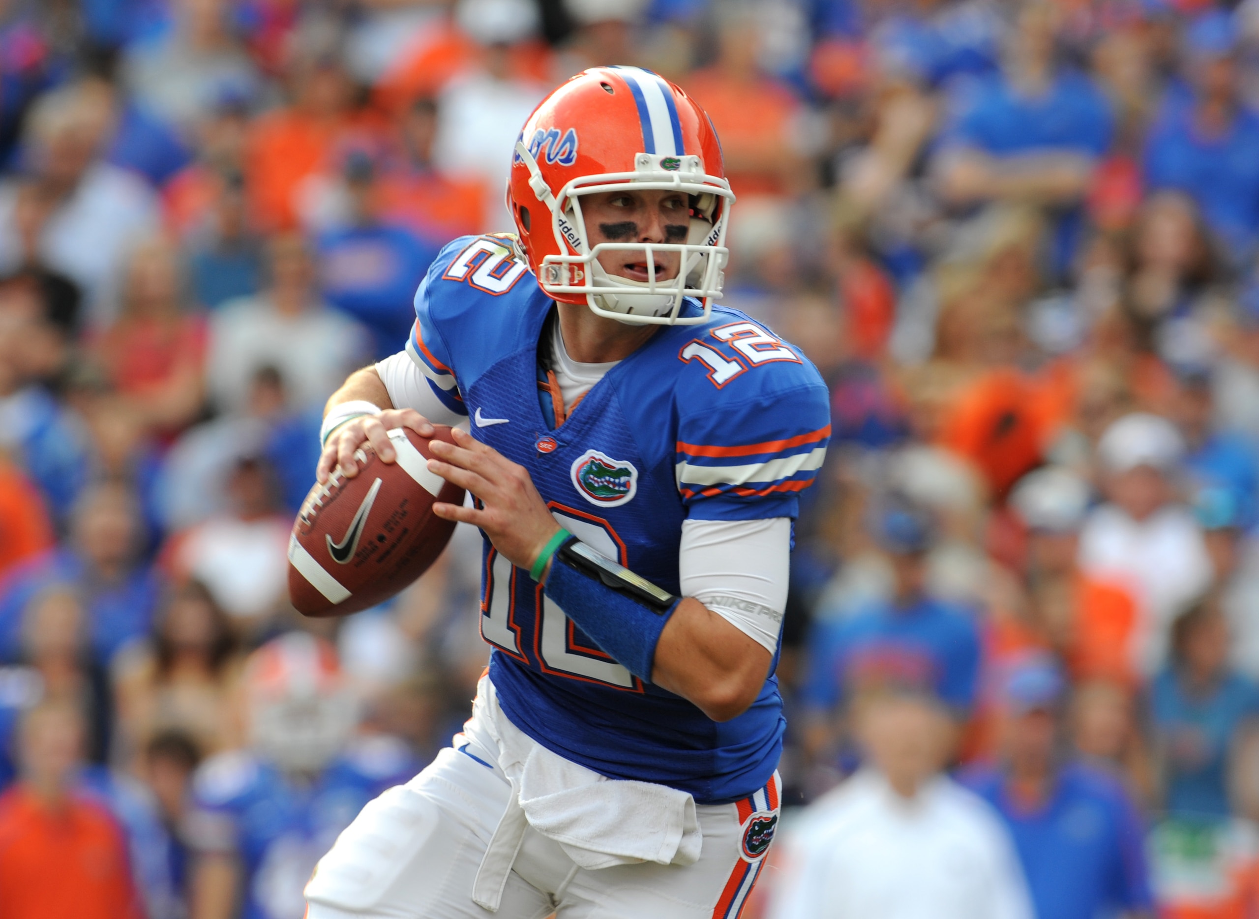 GAINESVILLE, FL - NOVEMBER 21: Quarterback John Brantley #12 of the Florida Gators looks to pass against the Florida International University Golden Panthers, November 21, 2009 at Ben Hill Griffin Stadium in Gainesville, Florida.  (Photo by Al Messerschmi