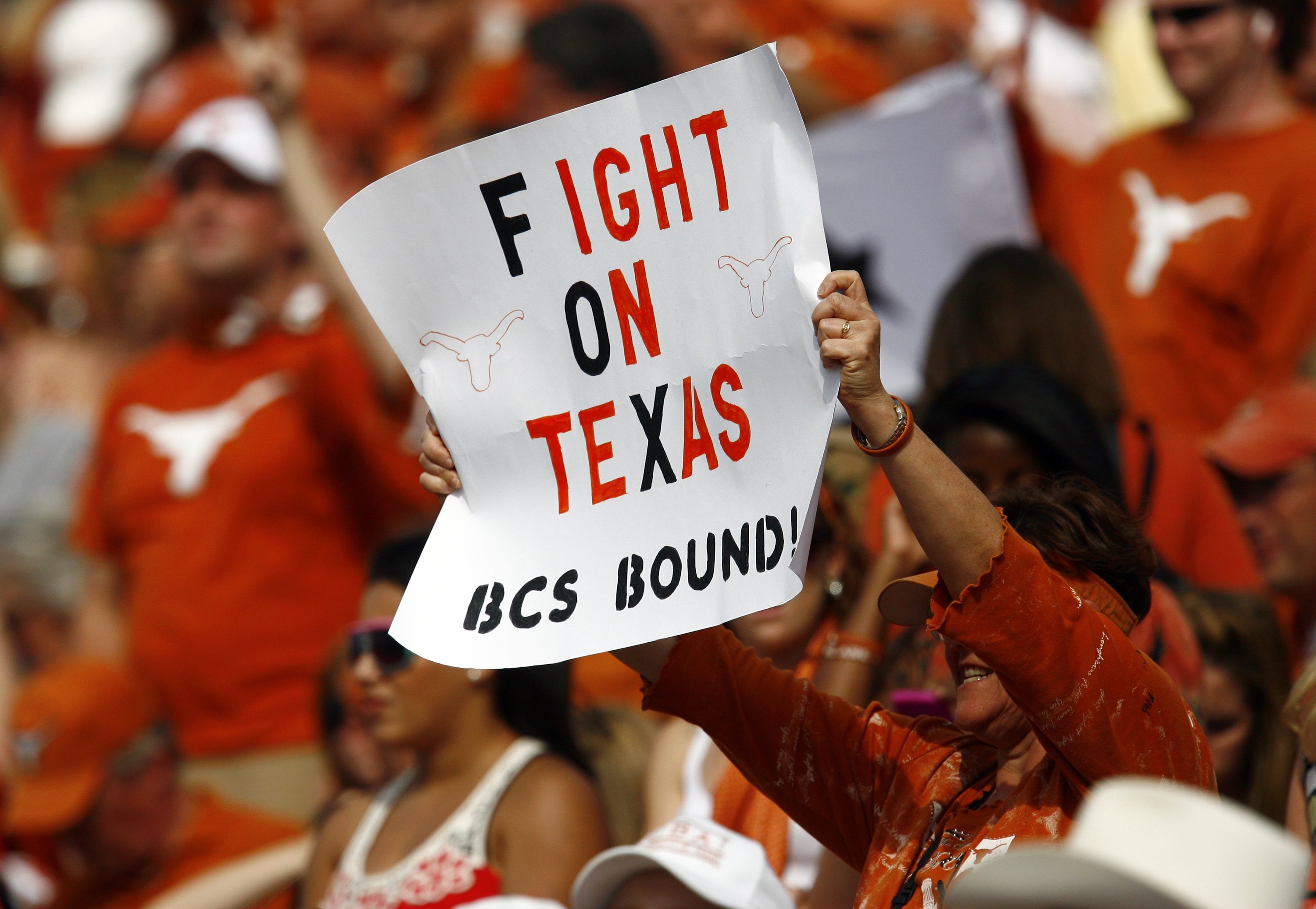 WACO, TX - NOVEMBER 14:  Texas Longhorn fans look on as the Longhorns beat the Baylor Bears 47-14 on November 14, 2009 at Floyd Casey Stadium in Waco, Texas. (Photo by Tom Pennington/Getty Images)
