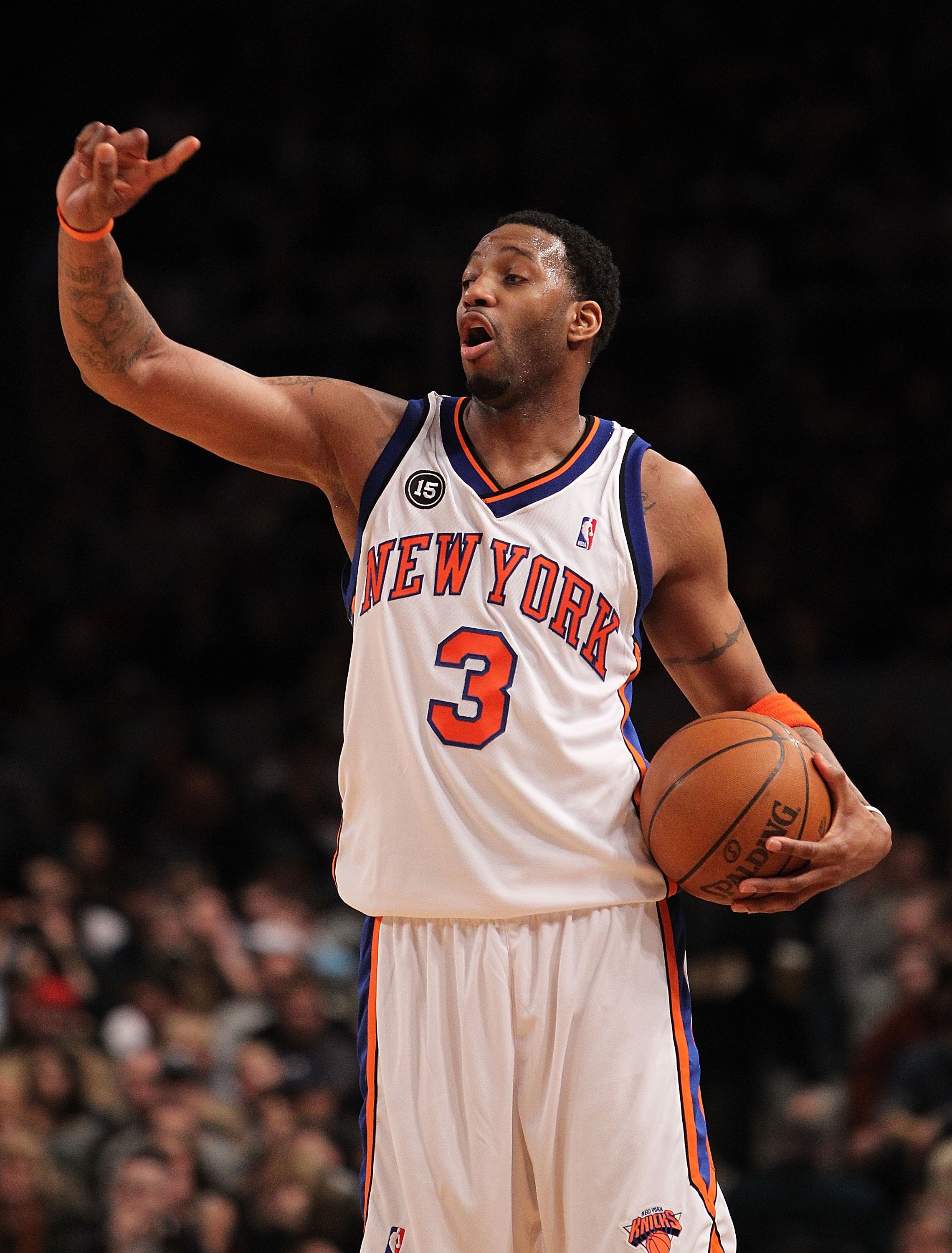 NEW YORK - FEBRUARY 20:  Tracy McGrady #3 of the New York Knicks gestures against the Oklahoma City Thunder at Madison Square Garden on February 20, 2010 in New York, New York. NOTE TO USER: User expressly acknowledges and agrees that, by downloading and