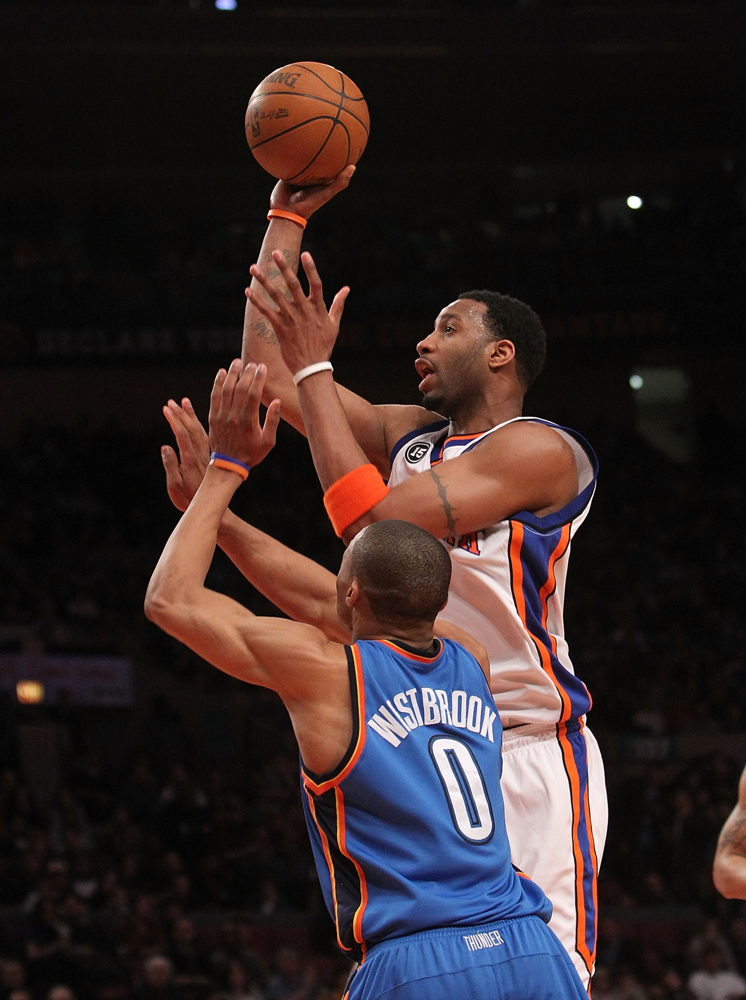 NEW YORK - FEBRUARY 20:  Tracy McGrady #3 of the New York Knicks shoots the ball over Russell Westbrook #0 of the Oklahoma City Thunder at Madison Square Garden on February 20, 2010 in New York, New York. NOTE TO USER: User expressly acknowledges and agre