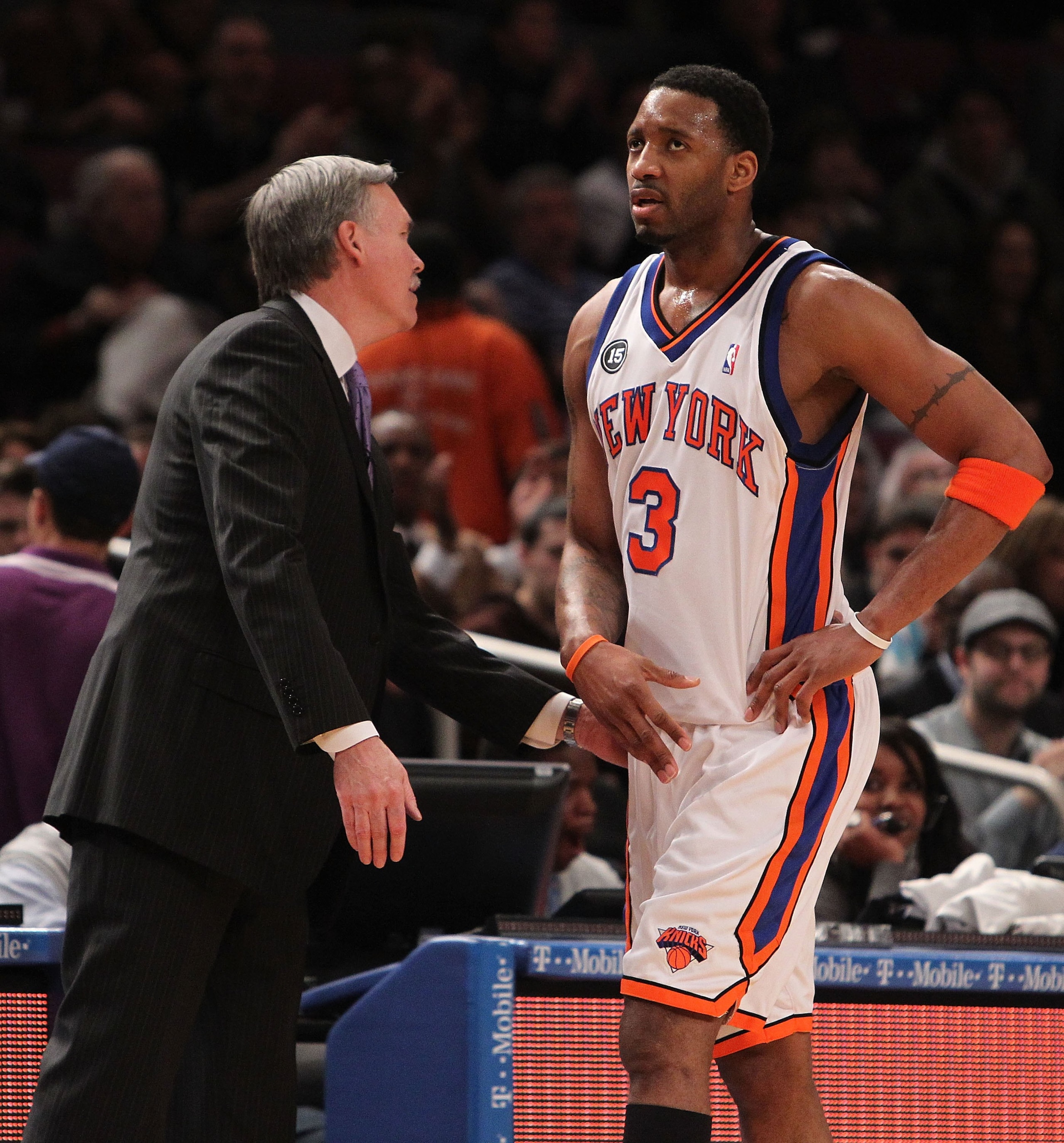 NEW YORK - FEBRUARY 20:  Tracy McGrady #3 of the New York Knicks walks past head coach Mike D'Antoni against the Oklahoma City Thunder at Madison Square Garden on February 20, 2010 in New York, New York. NOTE TO USER: User expressly acknowledges and agree