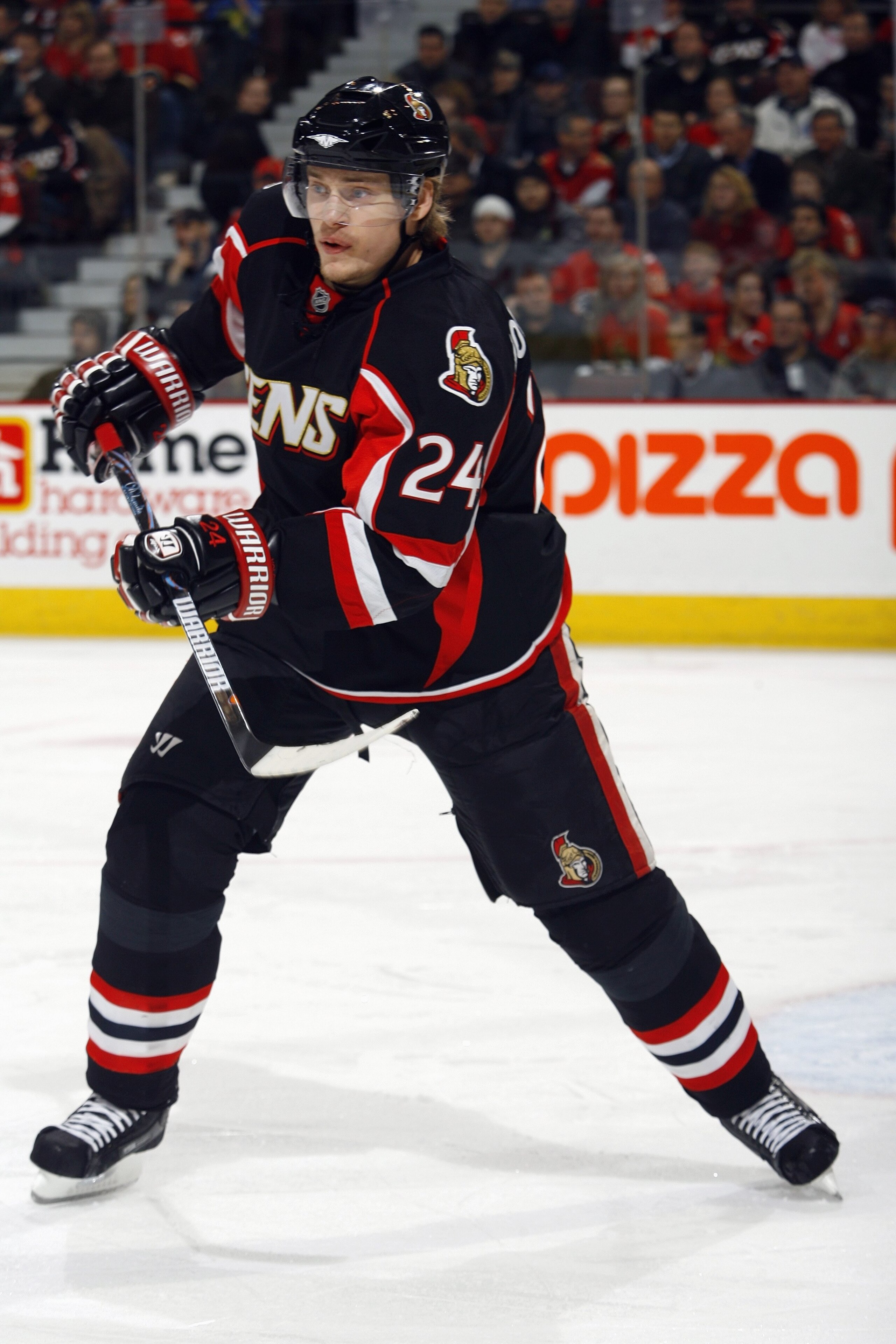 OTTAWA - MARCH 3:  Anton Volchenkov #24 of the Ottawa Senators skates during the game against the Calgary Flames on March 3, 2009 at Scotiabank Place in Ottawa, Ontario, Canada. (Photo by Phillip MacCallum/Getty Images)