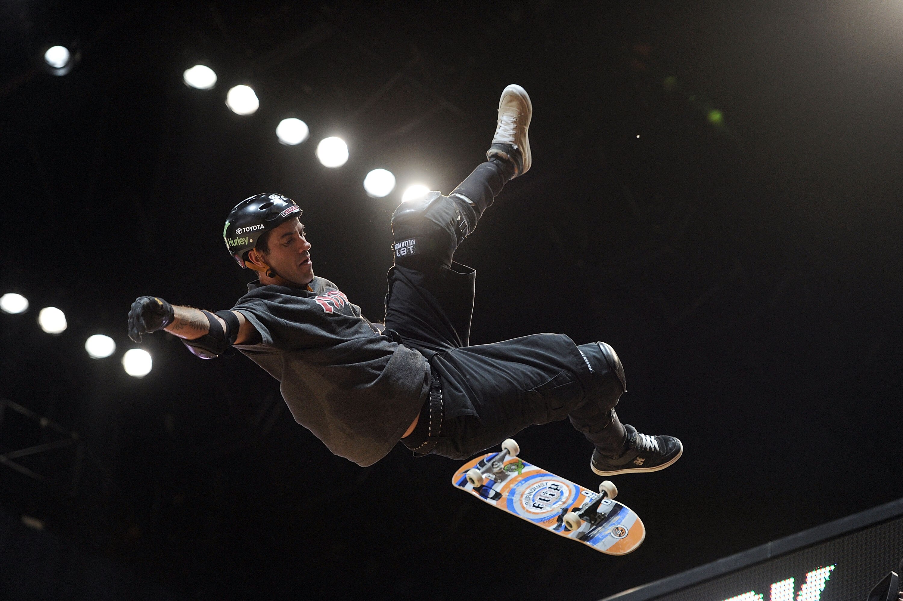LOS ANGELES, CA - JULY 30:   Bob Burnquist competes in the Skateboard Vert Final during X Games 16 at the Nokia Theatre LA Live on July 30, 2010 in Los Angeles, California.  (Photo by Harry How/Getty Images)