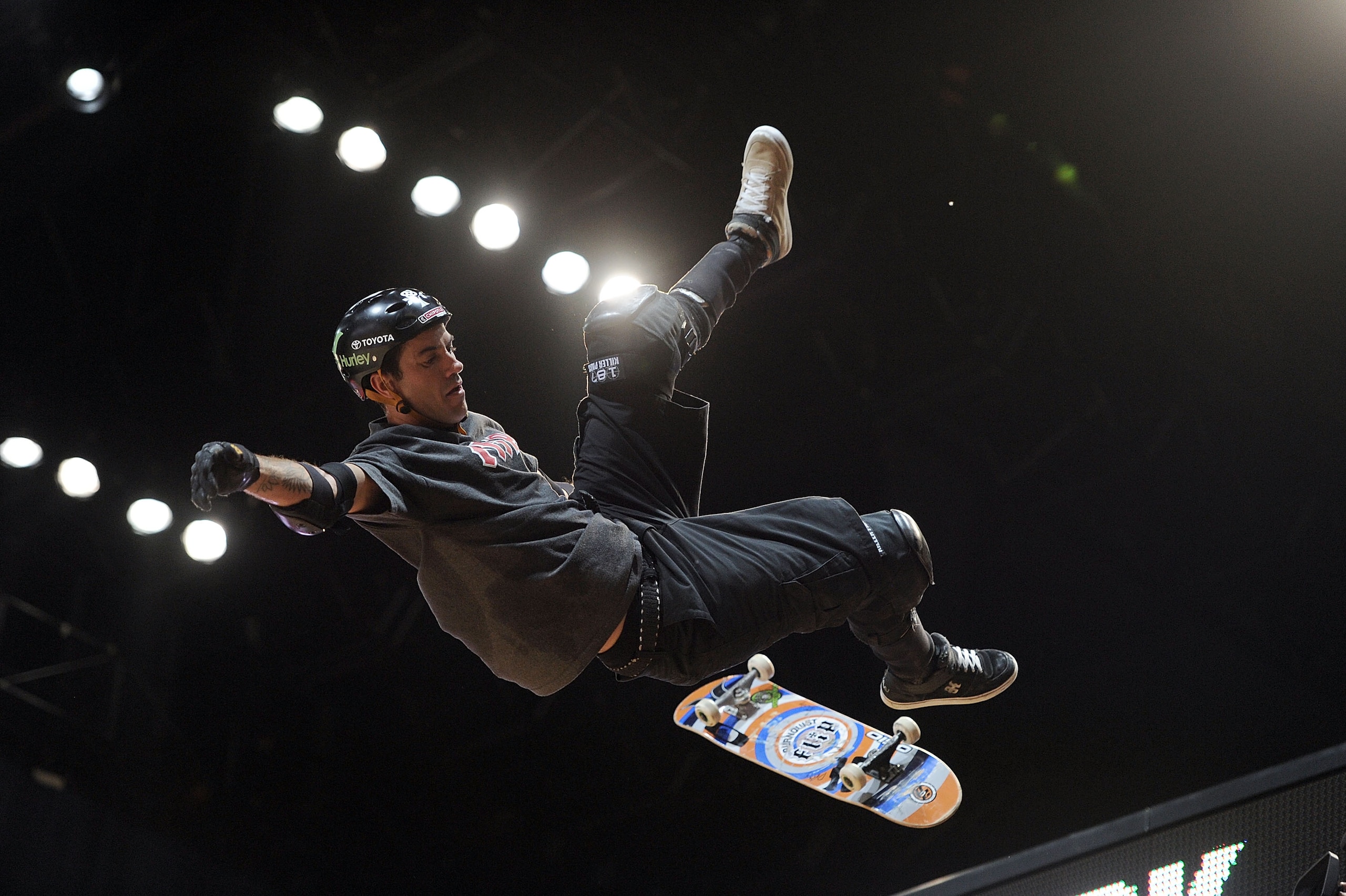 LOS ANGELES, CA - JULY 30:   Bob Burnquist competes in the Skateboard Vert Final during X Games 16 at the Nokia Theatre LA Live on July 30, 2010 in Los Angeles, California.  (Photo by Harry How/Getty Images)