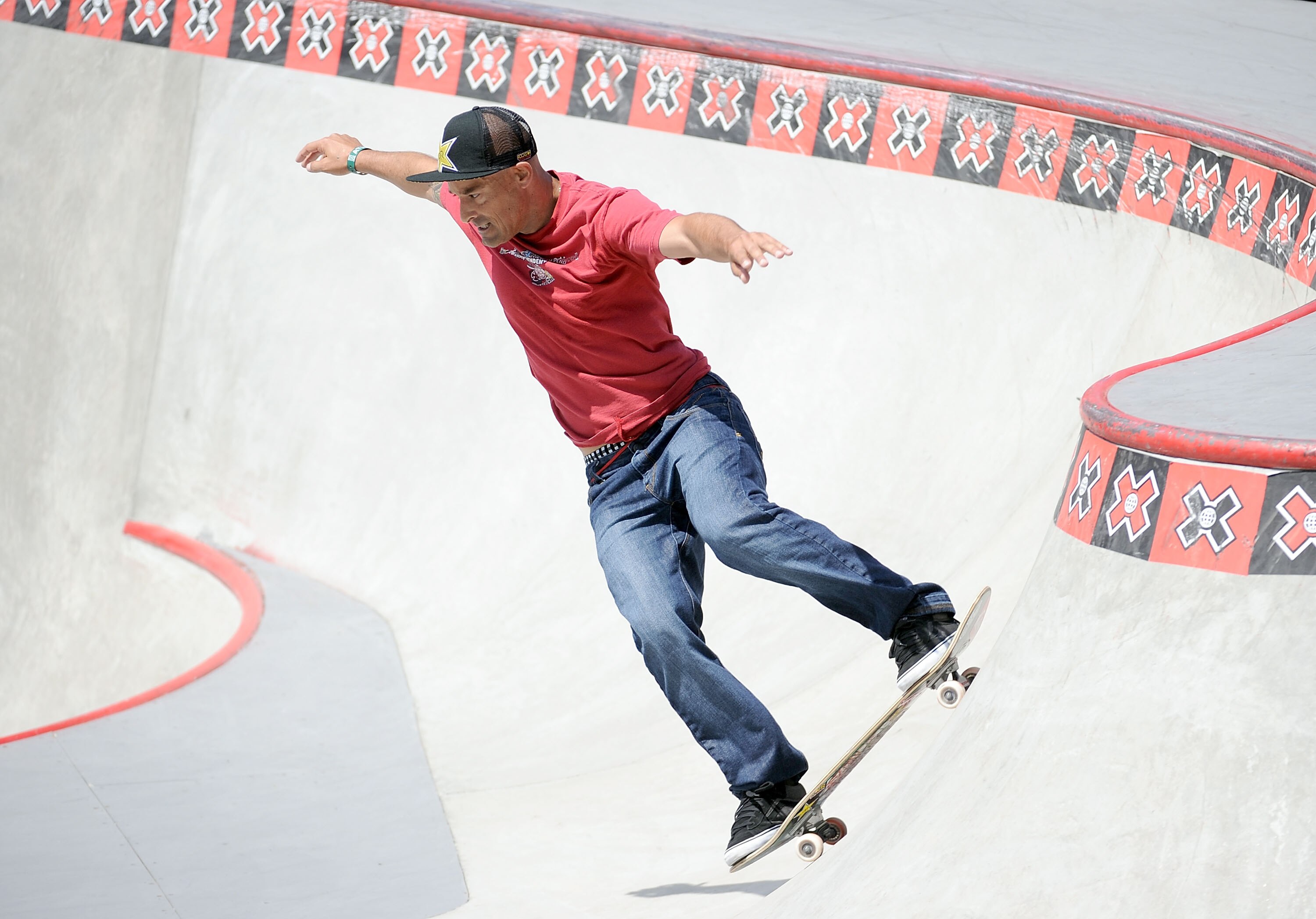 LOS ANGELES, CA - JULY 30:  Omar Hassan competes in the Skateboard Park Elimination during X Games 16 at the Event Deck LA Live on July 30, 2010 in Los Angeles, California.  (Photo by Harry How/Getty Images)