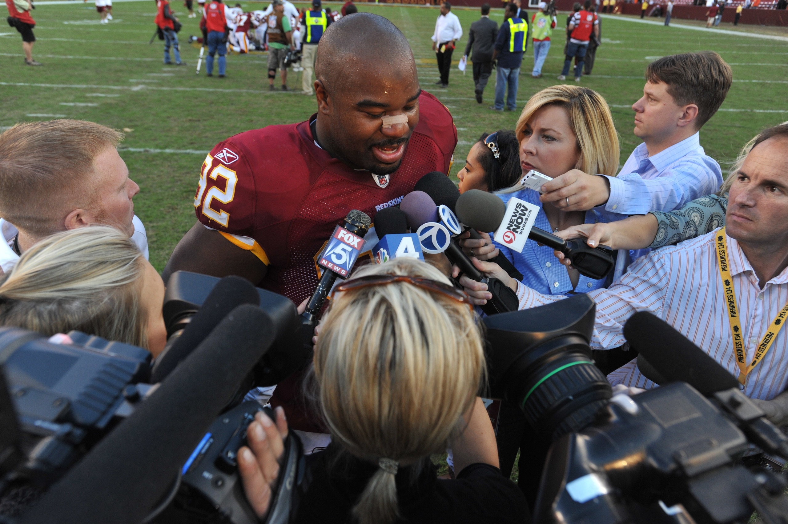 LANDOVER, MD - NOVEMBER 15:  Albert Haynesworth #92 of the Washington Redskins speaks with reporters afetr the game against the Denver Broncos at FedExField on November 15, 2009 in Landover, Maryland. The Redskins won 27-17. (Photo by Larry French/Getty I