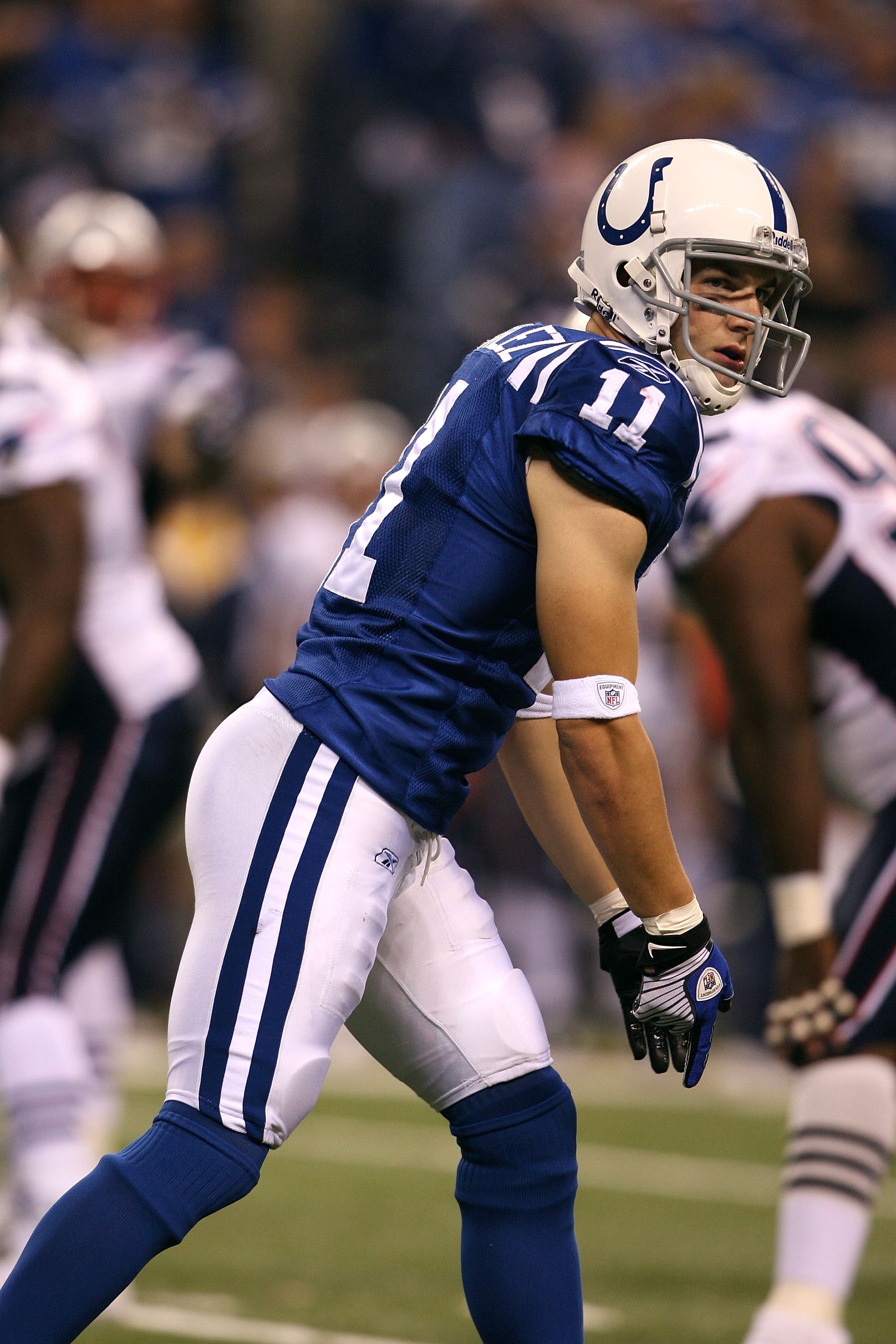 INDIANAPOLIS - NOVEMBER 02:  Anthony Gonzalez #11 of the Indianapolis Colts stands at the line of scrimmage against the New England Patriots at Lucas Oil Stadium on November 2, 2008 in Indianapolis, Indiana.  (Photo by Andy Lyons/Getty Images)