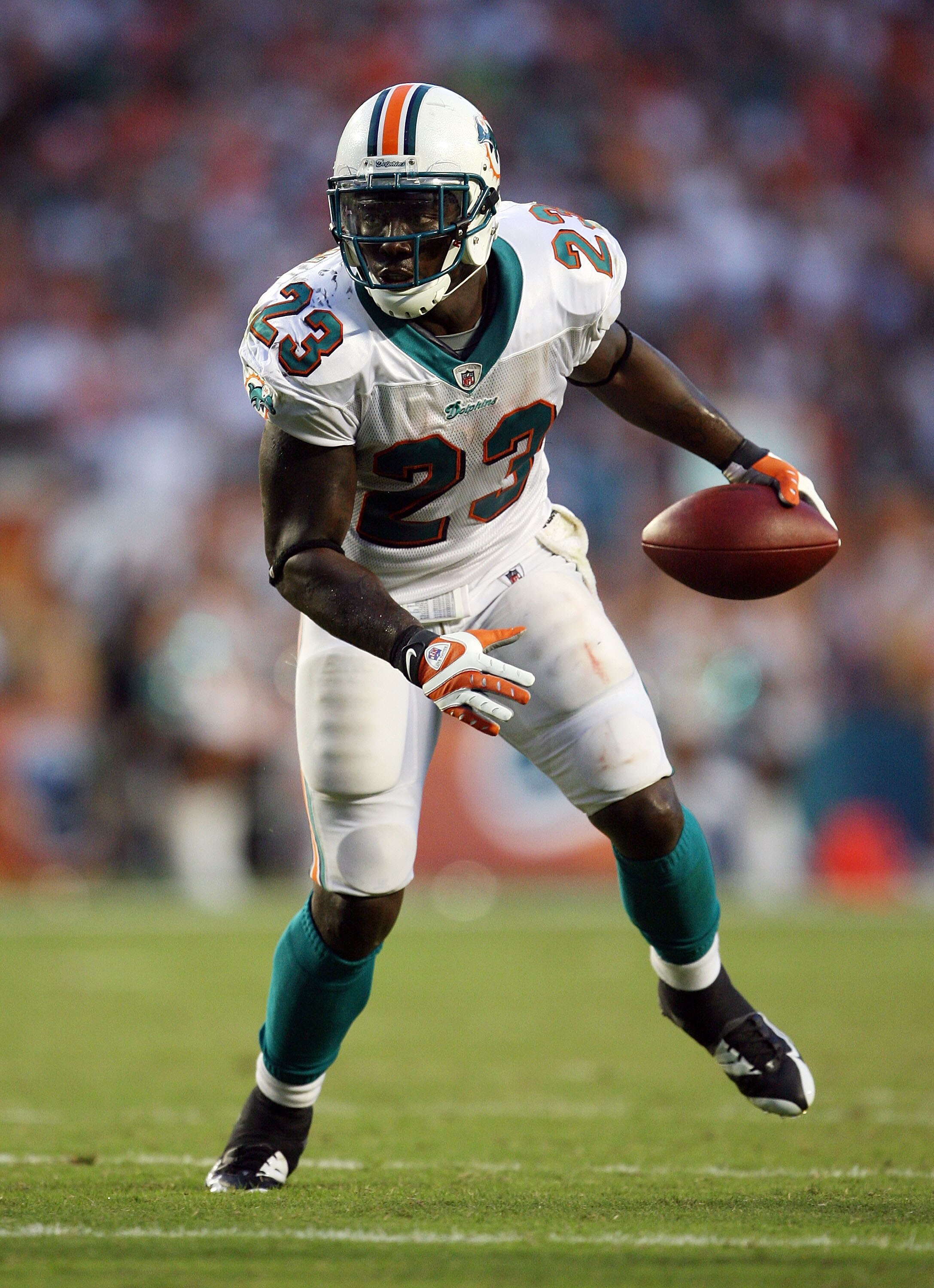 MIAMI - OCTOBER 25:  Running back Ronnie Brown #23 of the Miami Dolphins looks for room to run while taking on the New Orleans Saints at Land Shark Stadium on October 25, 2009 in Miami, Florida. The Saints defeated the Dolphins 46-34.  (Photo by Doug Benc