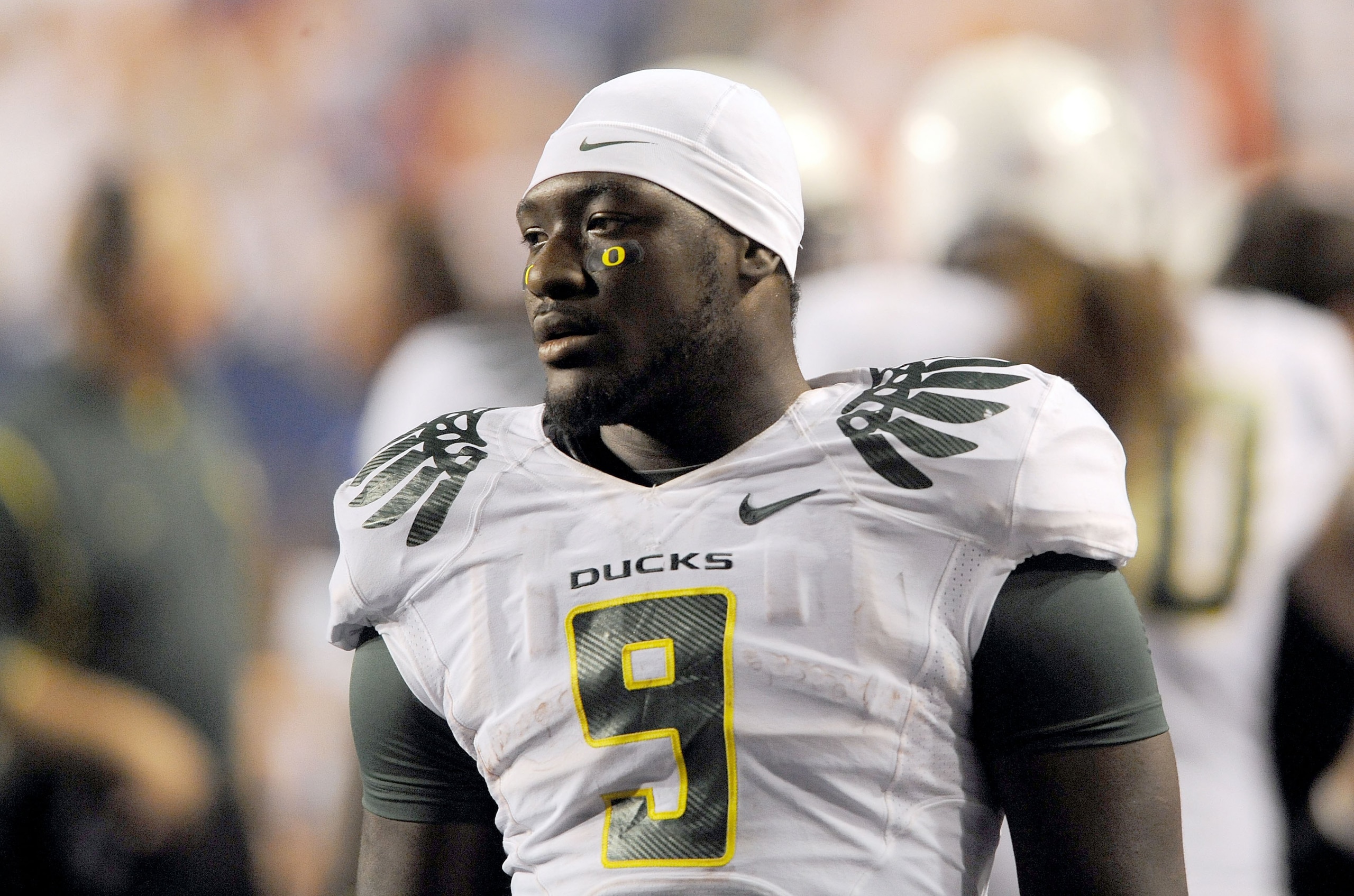 BOISE, ID - SEPTEMBER 3:  LaGarrette Blount #9 of the Oregon Ducks walks along the sidelines as time winds downs as the Boise State defeat Oregon 19-8 on September 3, 2009 at Bronco Stadium in Boise, Idaho. Blount was suspended for all remaining games on