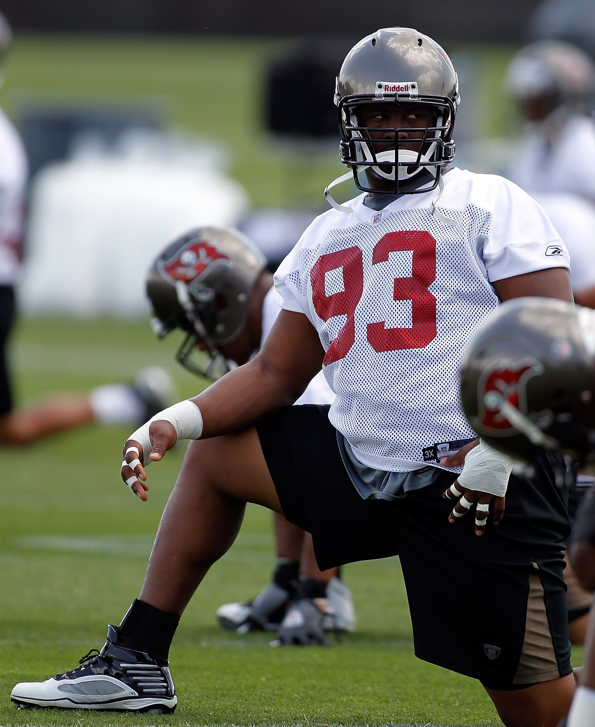 TAMPA, FL - MAY 01:  Defensive tackle Gerald McCoy #93 of the Tampa Bay Buccaneers stretches during the Buccaneers Rookie mini camp at One Buccaneer Place on May 1, 2010 in Tampa, Florida.  (Photo by J. Meric/Getty Images)