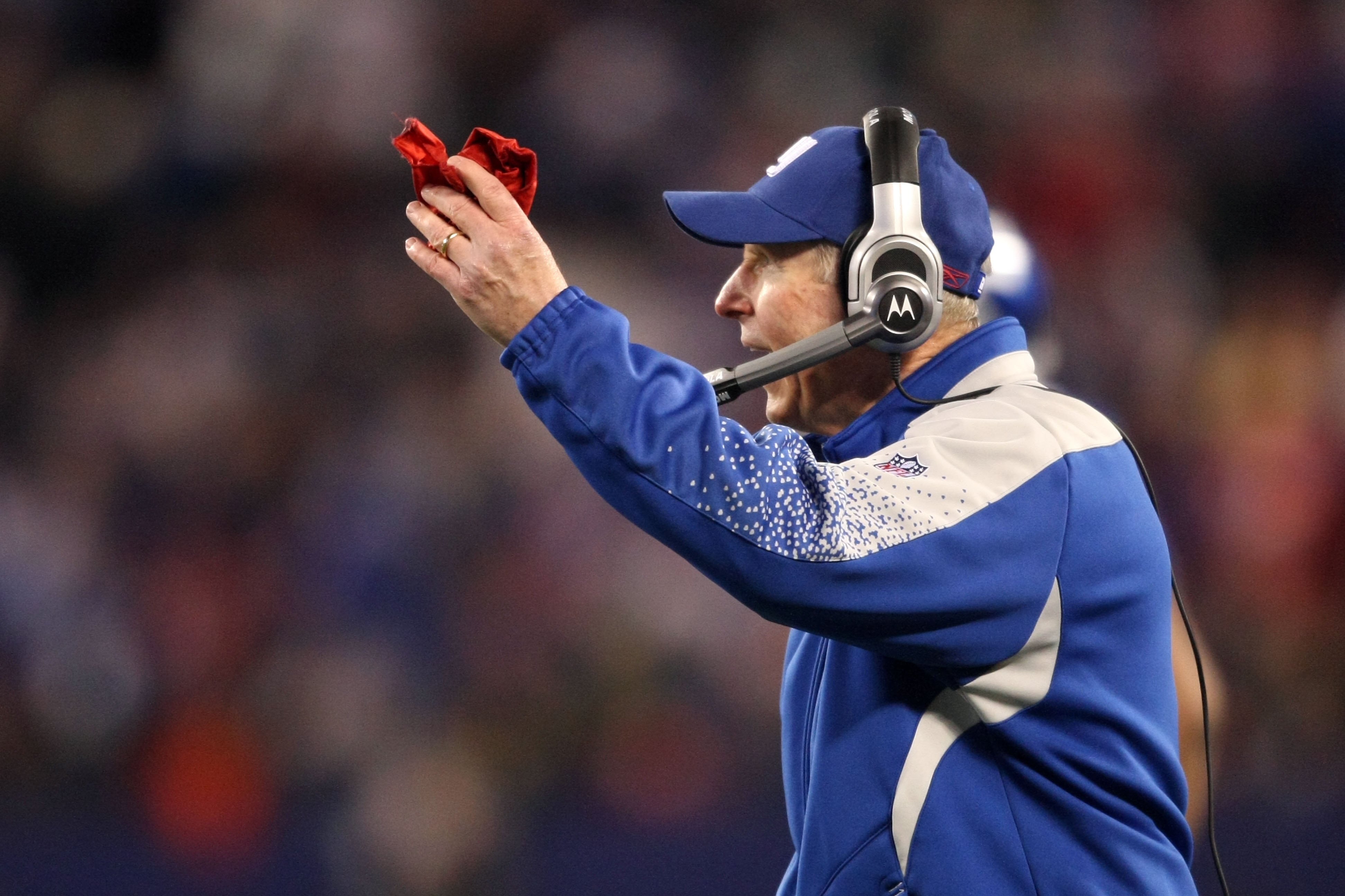 EAST RUTHERFORD, NJ - DECEMBER 13:  Tom Coughlin, head coach of the New York Giants, reacts during the game against the Philadelphia Eagles at Giants Stadium on December 13, 2009 in East Rutherford, New Jersey.  (Photo by Nick Laham/Getty Images)