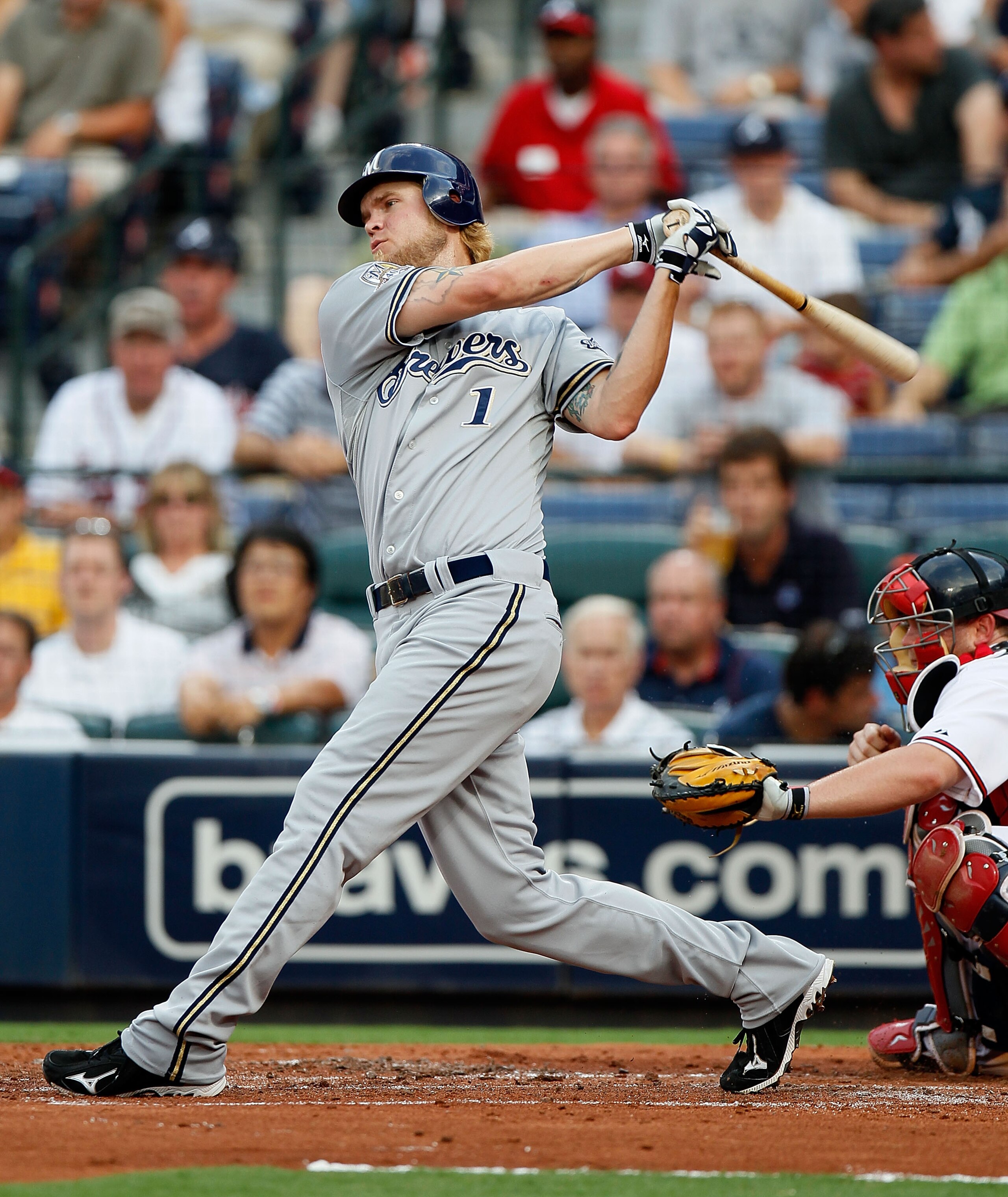 ATLANTA - JULY 15: Cory Hart #1 of the Milwaukee Brewers fouls off a pitch in the third inning against the Atlanta Braves at Turner Field on July 15, 2010 in Atlanta, Georgia. Hart hit a solo homer in the first inning. (Photo by Kevin C. Cox/Getty Imag ATLANTA - JULY 15: Cory Hart #1 of the Milwaukee Brewers fouls off a pitch in the third inning against the Atlanta Braves at Turner Field on July 15, 2010 in Atlanta, Georgia. Hart hit a solo homer in the first inning. (Photo by Kevin C. Cox/Getty Imag