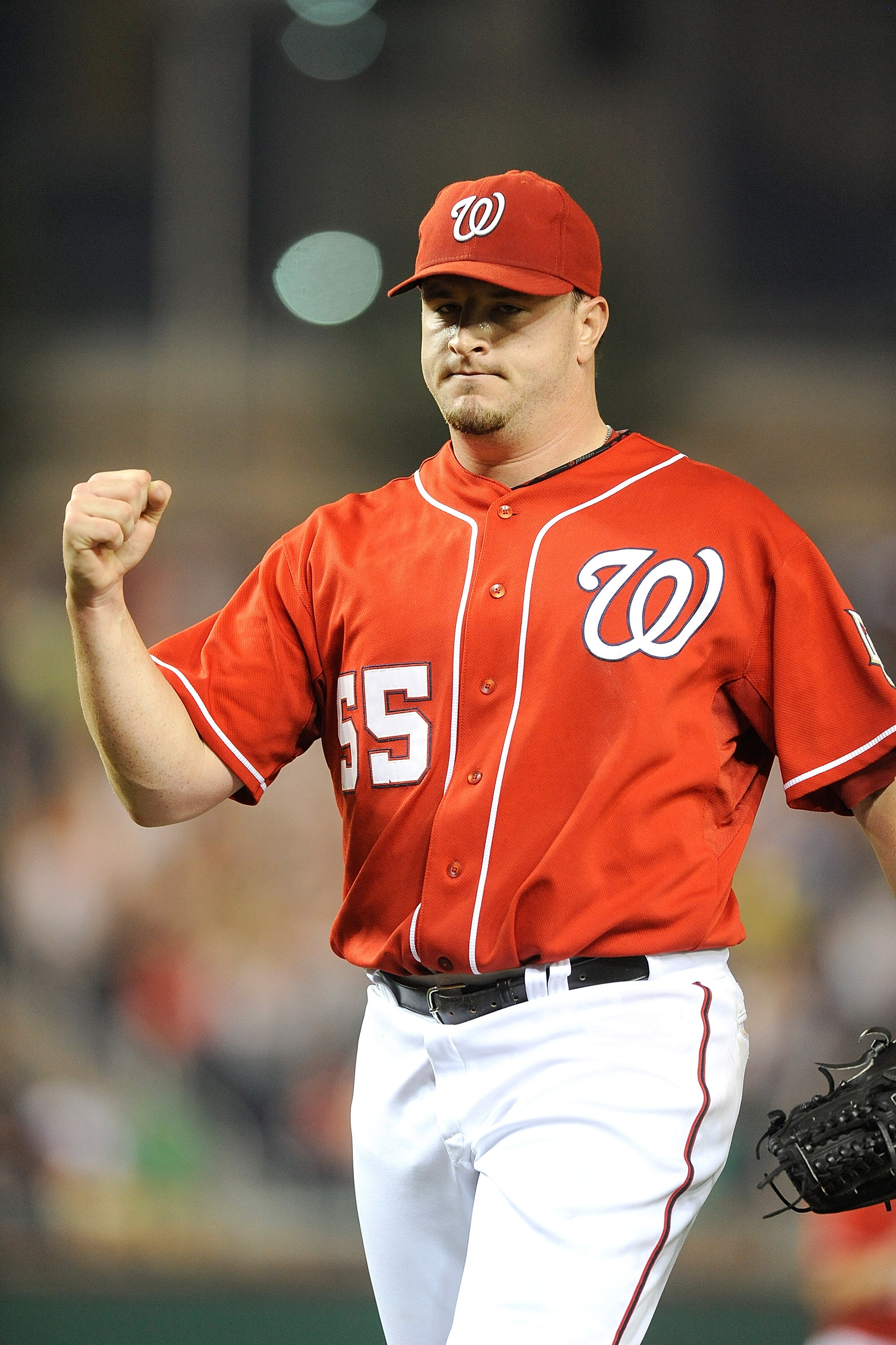WASHINGTON - JUNE 04:  Matt Capps #55 of the Washington Nationals celebrates after the final out of a 4-2 victory over the Cincinnati Reds at Nationals Park on June 4, 2010 in Washington, DC.  (Photo by Greg Fiume/Getty Images)