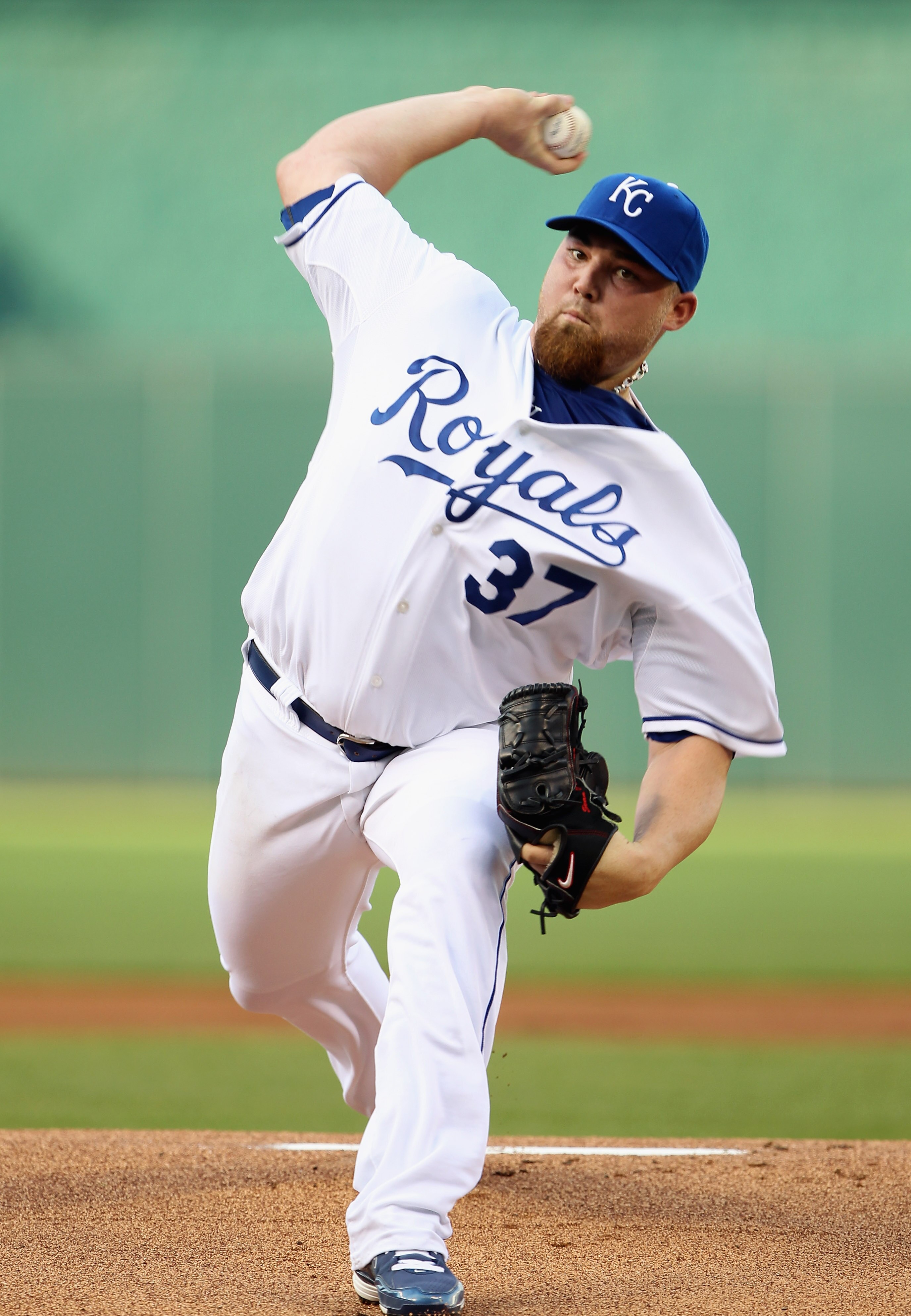 KANSAS CITY, MO - JULY 30:  Starting pitcher Sean O'Sullivan #37 of the Kansas City Royals warms-up just prior to the start of the game against the Baltimore Orioles on July 30, 2010 at Kauffman Stadium in Kansas City, Missouri.  (Photo by Jamie Squire/Ge