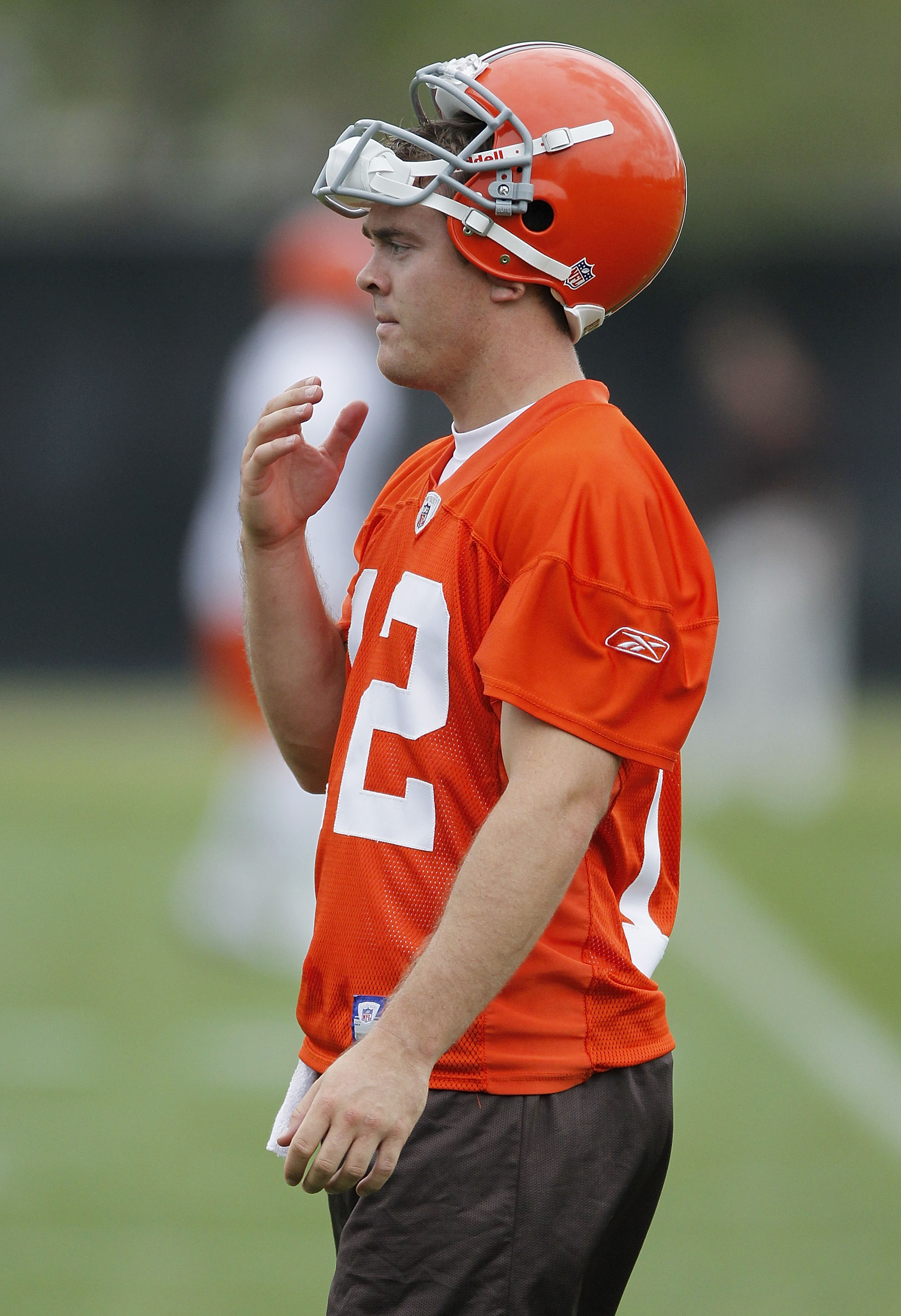 BEREA, OH - MAY 01:  Colt McCoy #12 of the Cleveland Browns looks on during rookie mini camp at the Cleveland Browns Training and Administrative Complex on May 1, 2010 in Berea, Ohio.  (Photo by Gregory Shamus/Getty Images)