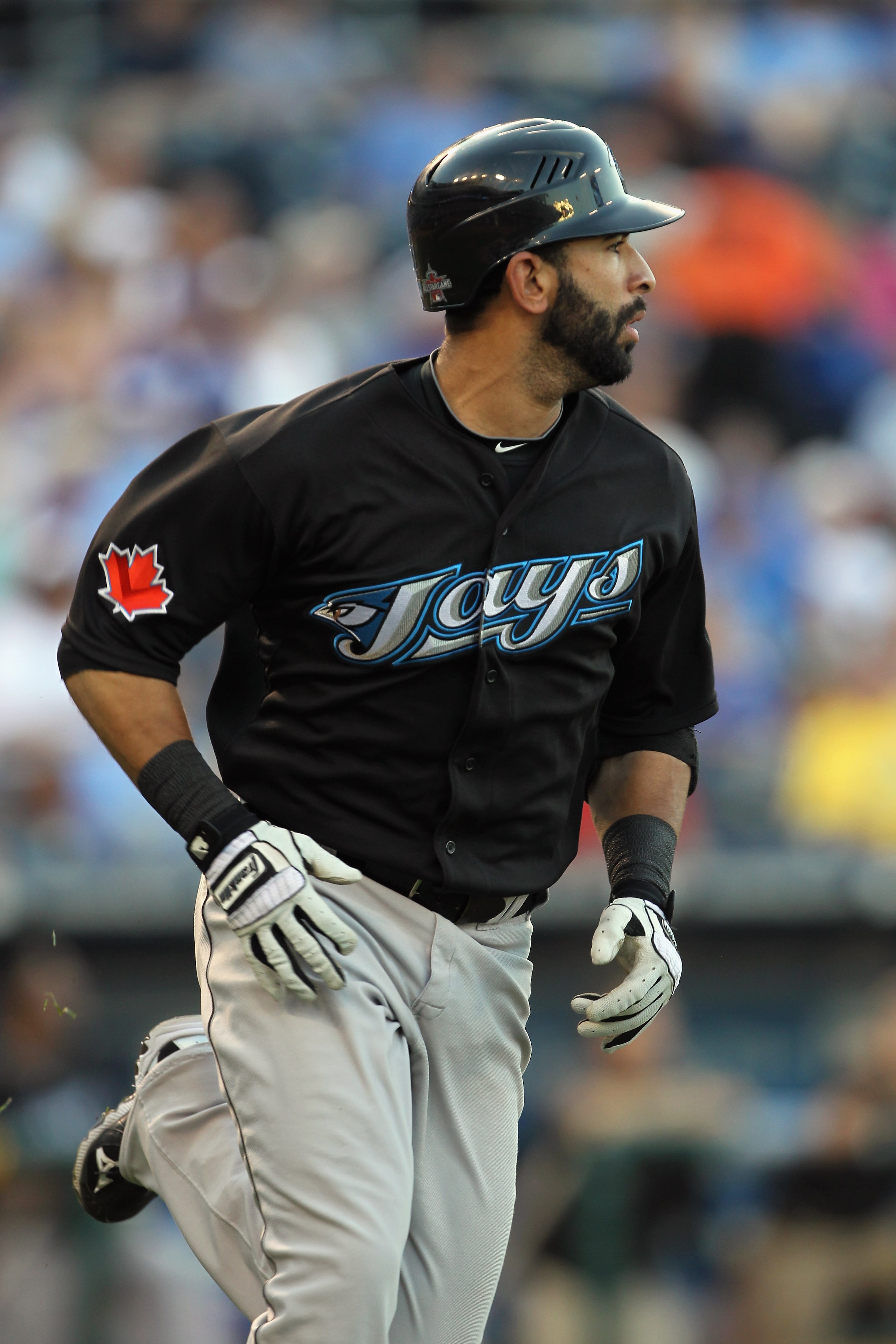 KANSAS CITY, MO - JULY 19: Jose Bautista #19 of the Toronto Blue Jays watches a fly ball during the game against the Kansas City Royals on July 19, 2010 at Kauffman Stadium in Kansas City, Missouri. (Photo by Jamie Squire/Getty Images) KANSAS CITY, MO - JULY 19: Jose Bautista #19 of the Toronto Blue Jays watches a fly ball during the game against the Kansas City Royals on July 19, 2010 at Kauffman Stadium in Kansas City, Missouri. (Photo by Jamie Squire/Getty Images)