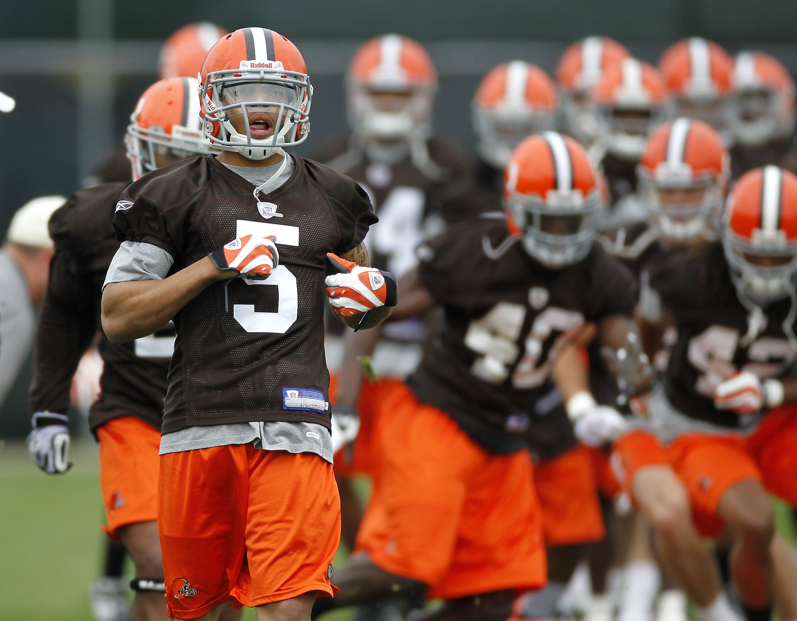BEREA, OH - MAY 01:  Joe Haden #5 of the Cleveland Browns runs a drill during rookie mini camp at the Cleveland Browns Training and Administrative Complex on May 1, 2010 in Berea, Ohio.  (Photo by Gregory Shamus/Getty Images)