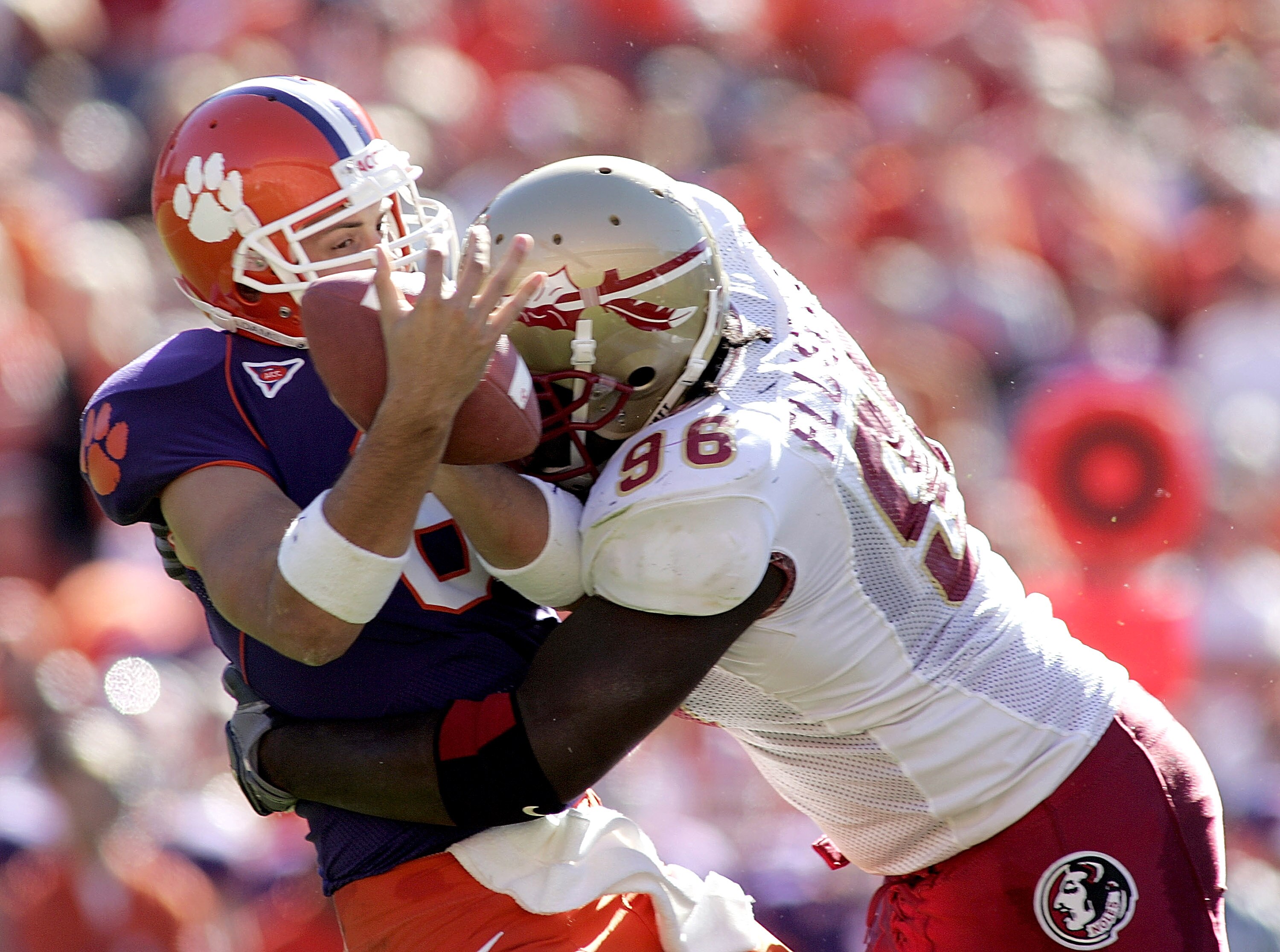 CLEMSON, SC - NOVEMBER 12:  Andre Fluellen #96 of the Florida State Seminoles sacks Charlie Whitehurst #6 of the Clemson Tigers in the second quarter during an Atlantic Coast Conference game on November 12, 2005 at Clemson Memorial Stadium in Clemson, Sou