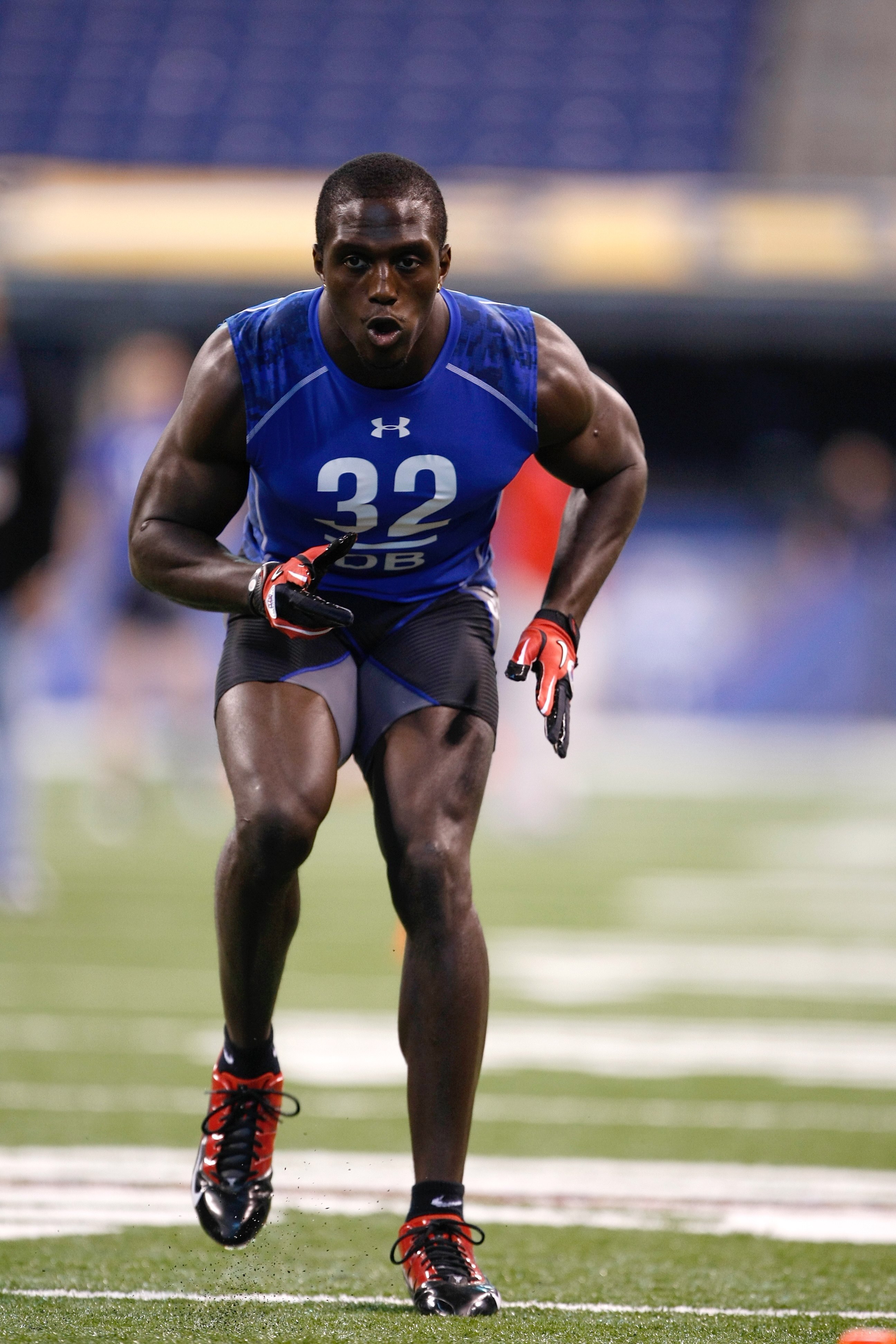 INDIANAPOLIS, IN - MARCH 2: Defensive back Devin McCourty of Rutgers runs during the NFL Scouting Combine presented by Under Armour at Lucas Oil Stadium on March 2, 2010 in Indianapolis, Indiana. (Photo by Scott Boehm/Getty Images)