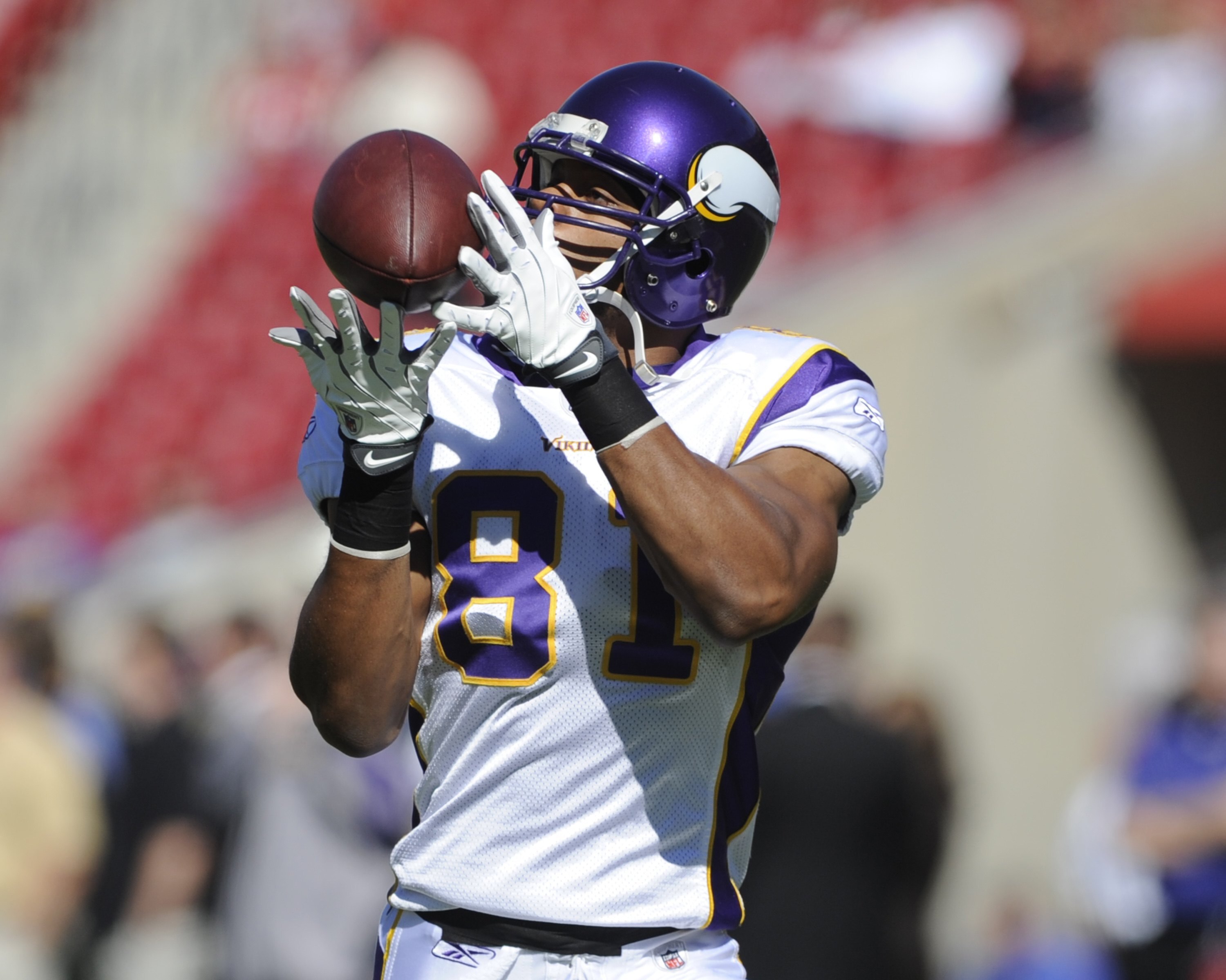 TAMPA, FL - NOVEMBER 16: Wide receiver Visanthe Shiancoe #81 of the Minnesota Vikings warms up for play against the Tampa Bay Buccaneers at Raymond James Stadium on November 16, 2008 in Tampa, Florida.  (Photo by Al Messerschmidt/Getty Images)