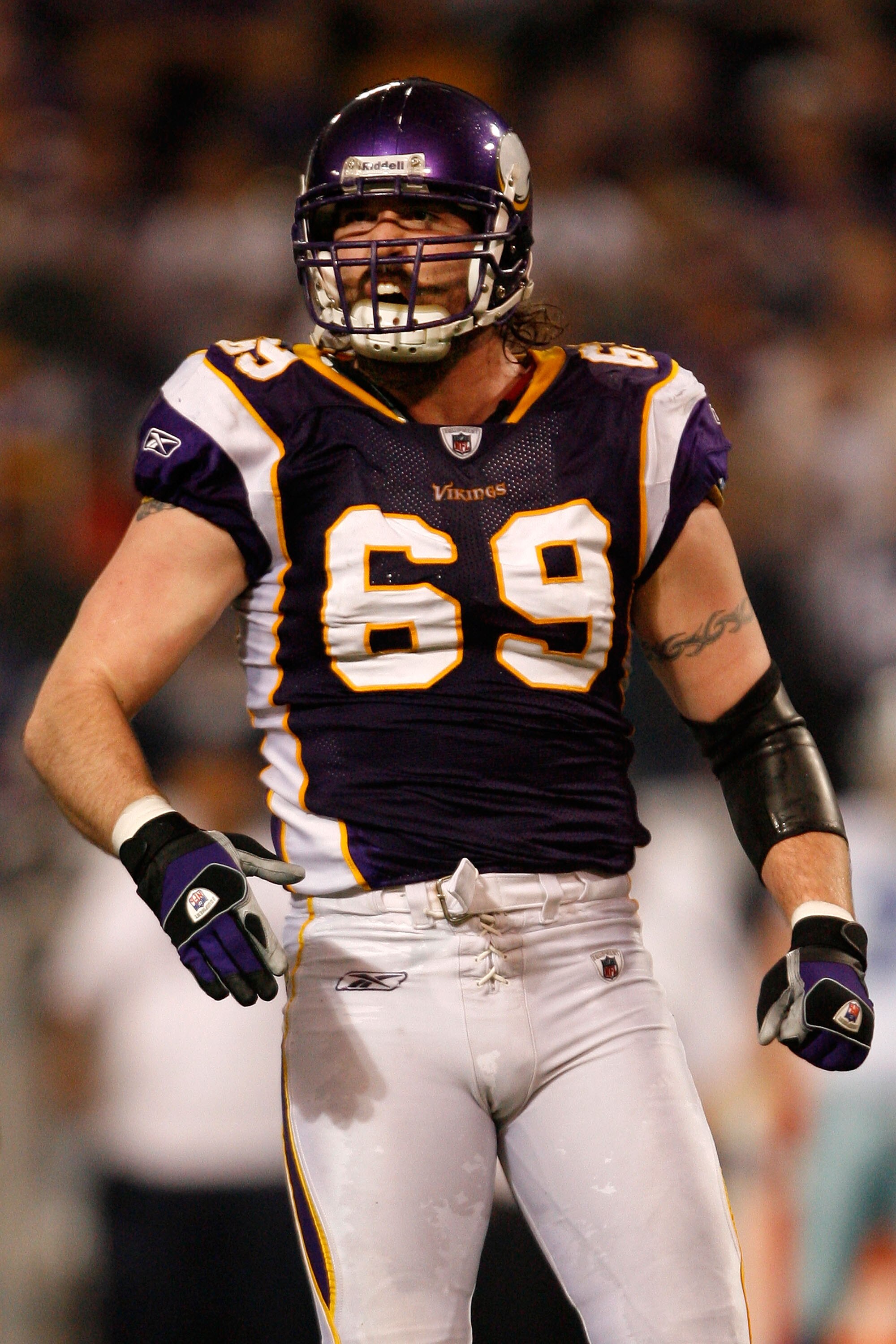 MINNEAPOLIS - JANUARY 17:  Defensive end Jared Allen #69 of the Minnesota Vikings reacts during the second quarter of the game against the Dallas Cowboys during the NFC Divisional Playoff Game at Hubert H. Humphrey Metrodome on January 17, 2010 in Minneap