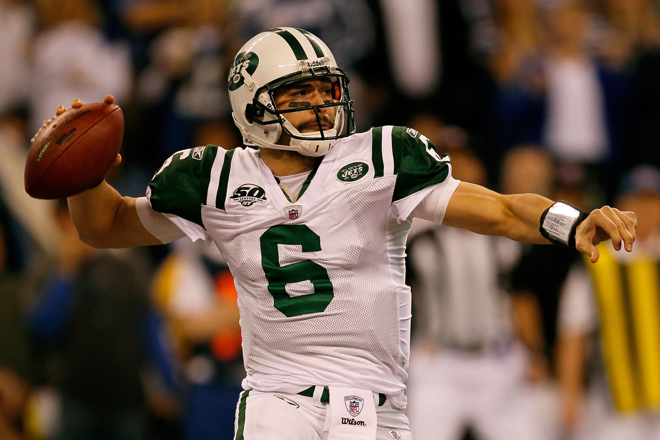 INDIANAPOLIS - JANUARY 24:  Mark Sanchez #6 of the New York Jets throws a pass against the Indianapolis Colts during the first quarter of the AFC Championship Game at Lucas Oil Stadium on January 24, 2010 in Indianapolis, Indiana.  (Photo by Jonathan Dani