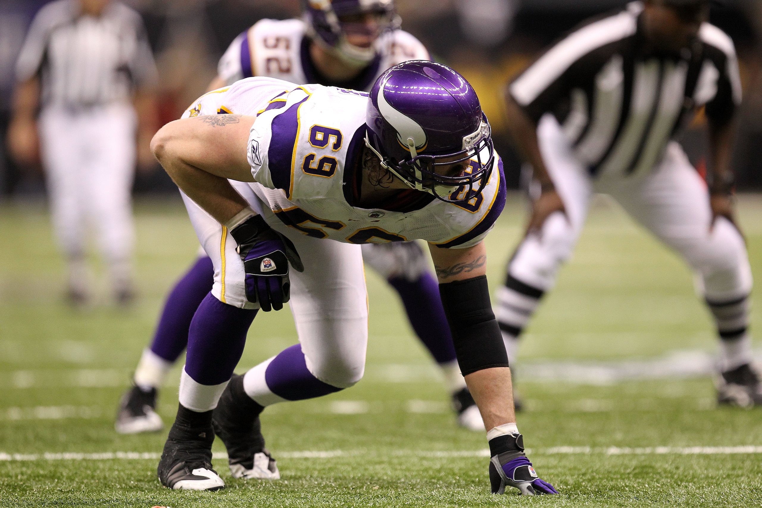 NEW ORLEANS - JANUARY 24:  Jared Allen #69 of the Minnesota Vikings lines up in a three point stance on defense against the New Orleans Saints during the NFC Championship Game at the Louisiana Superdome on January 24, 2010 in New Orleans, Louisiana.  (Pho