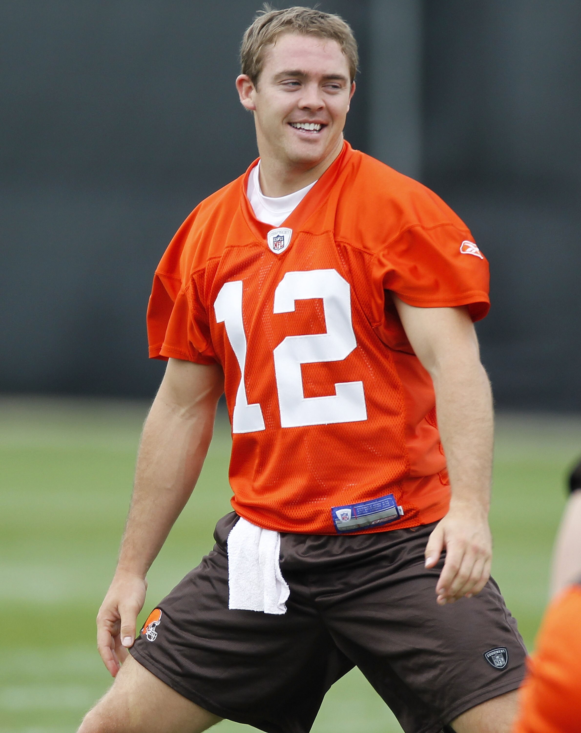 BEREA, OH - MAY 01:  Colt McCoy #12 of the Cleveland Browns stretches during rookie mini camp at the Cleveland Browns Training and Administrative Complex on May 1, 2010 in Berea, Ohio.  (Photo by Gregory Shamus/Getty Images)