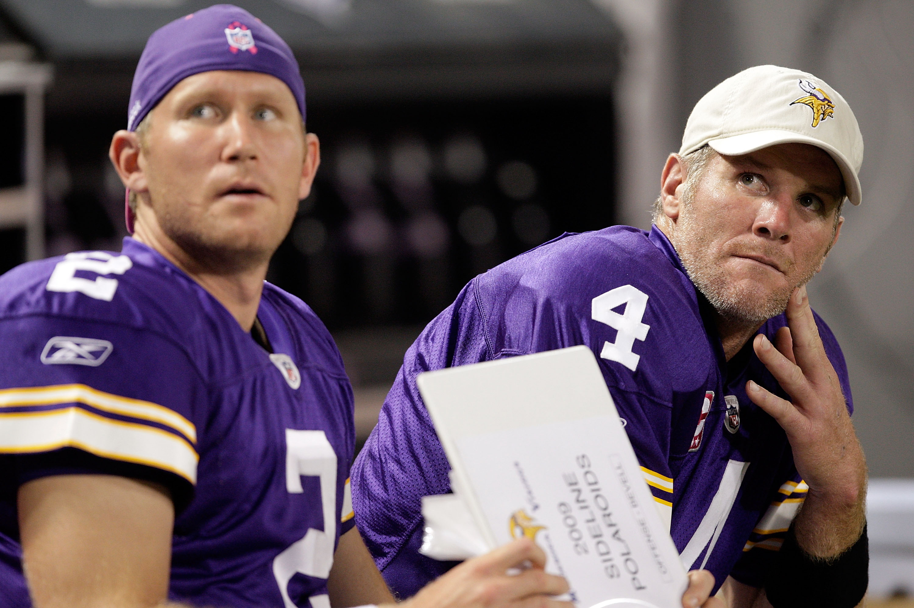 Minnesota Vikings QB Sage Rosenfels with former Vikings QB Brett Favre