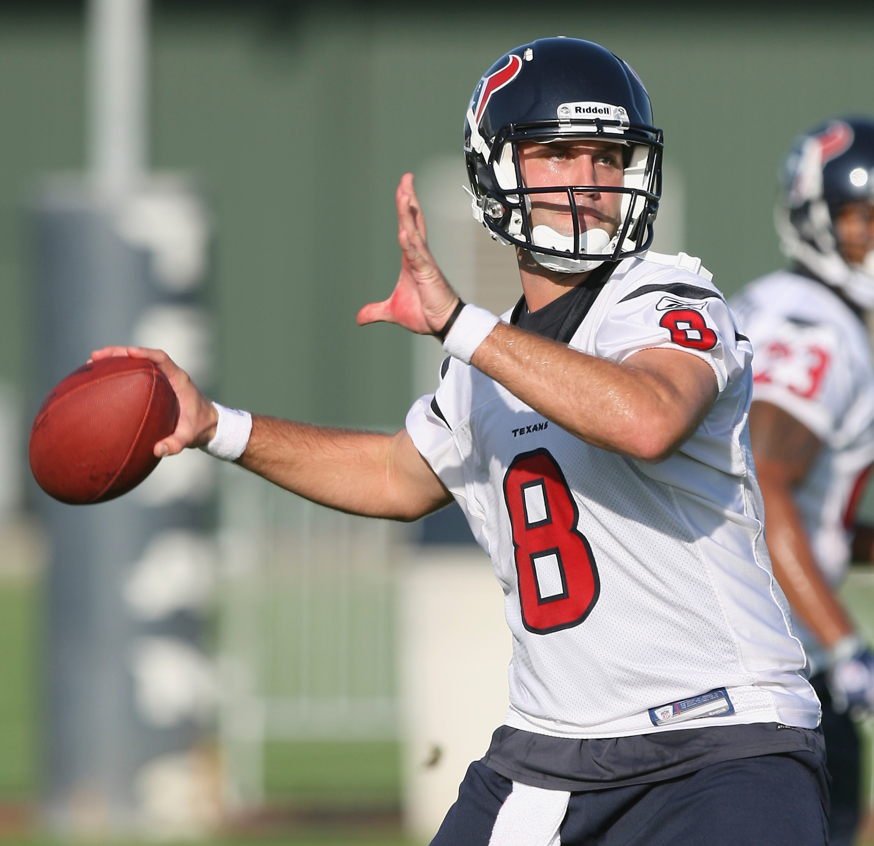 HOUSTON - JULY 30:  Quarterback Matt Schaub #8 of the Houston Texans participates in the team's first NFL traiing camp practice of the season at Reliant Park on July 30, 2010 in Houston, Texas.  (Photo by Bob Levey/Getty Images)