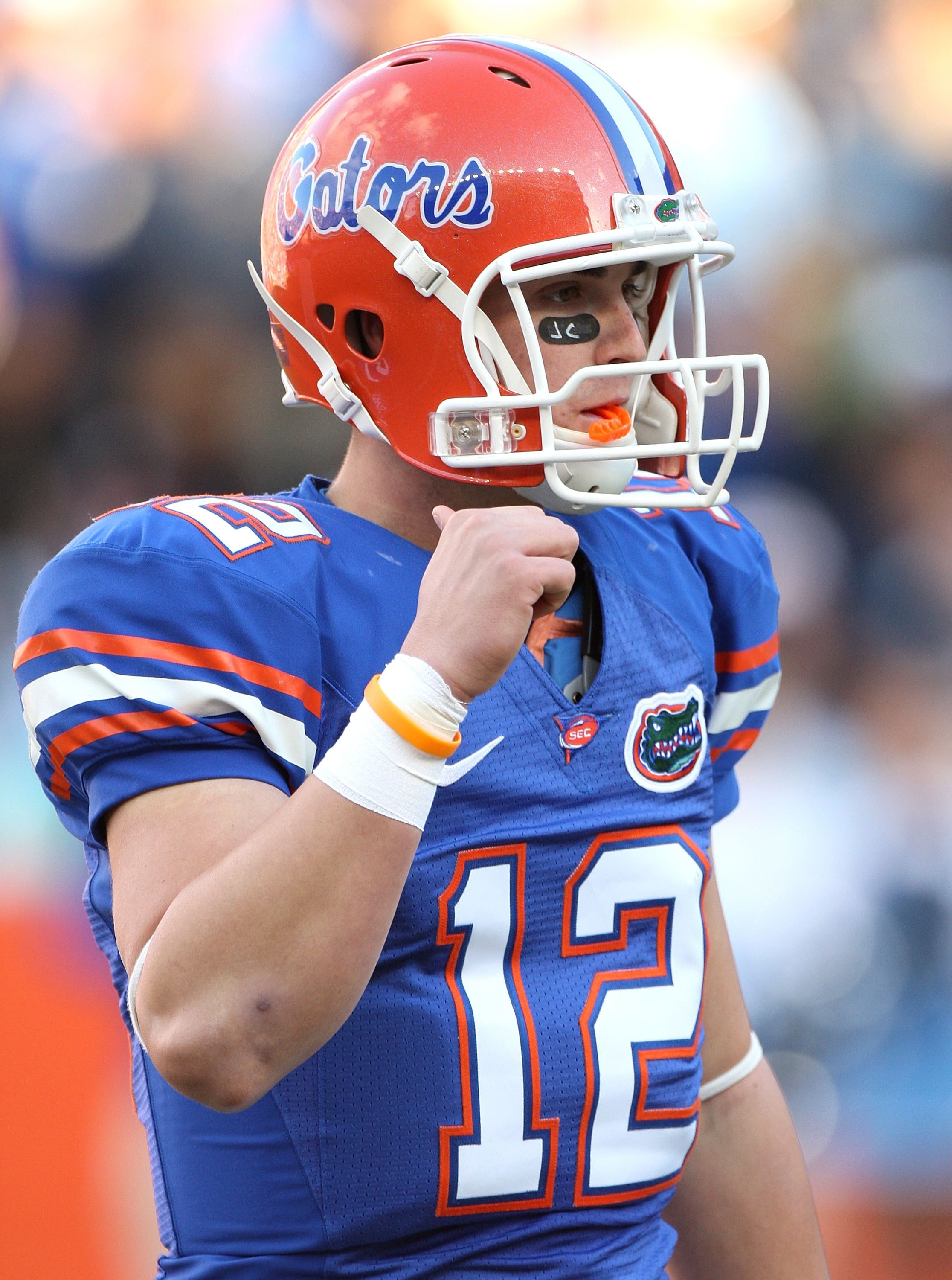 GAINESVILLE, FL - NOVEMBER 22:  John Brantley #12 of the Florida Gators celebrates after throwing a touchdown against the Citadel Bulldogs during the game at Ben Hill Griffin Stadium on November 22, 2008 in Gainesville, Florida.  (Photo by Sam Greenwood/G