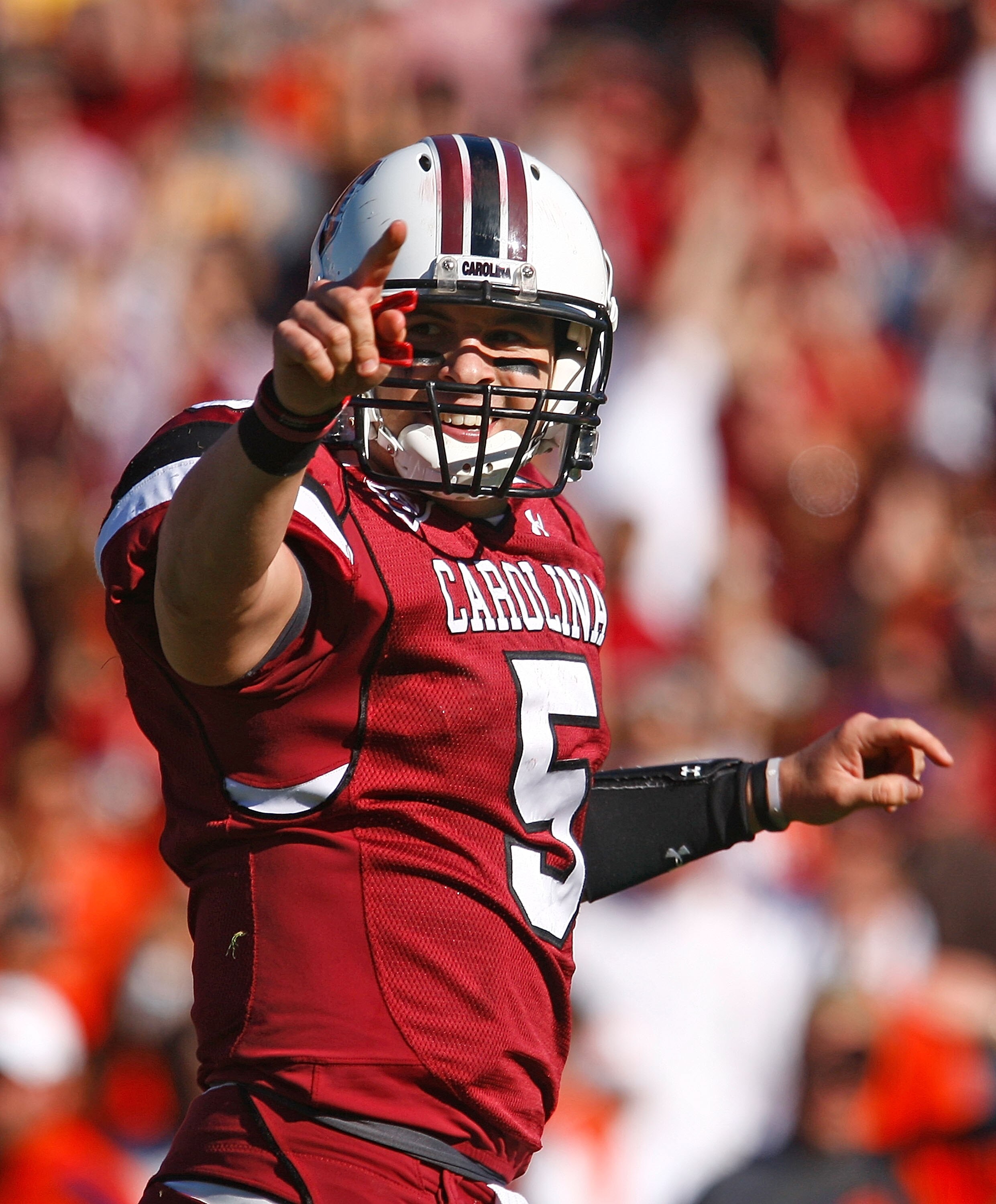 COLUMBIA, SC - NOVEMBER 28:  Stephen Garcia #5 of the South Carolina Gamecocks celebrates a first half touchdown against the Clemson Tigers at Williams-Brice Stadium on November 28, 2009 in Columbia, South Carolina.  (Photo by Scott Halleran/Getty Images)