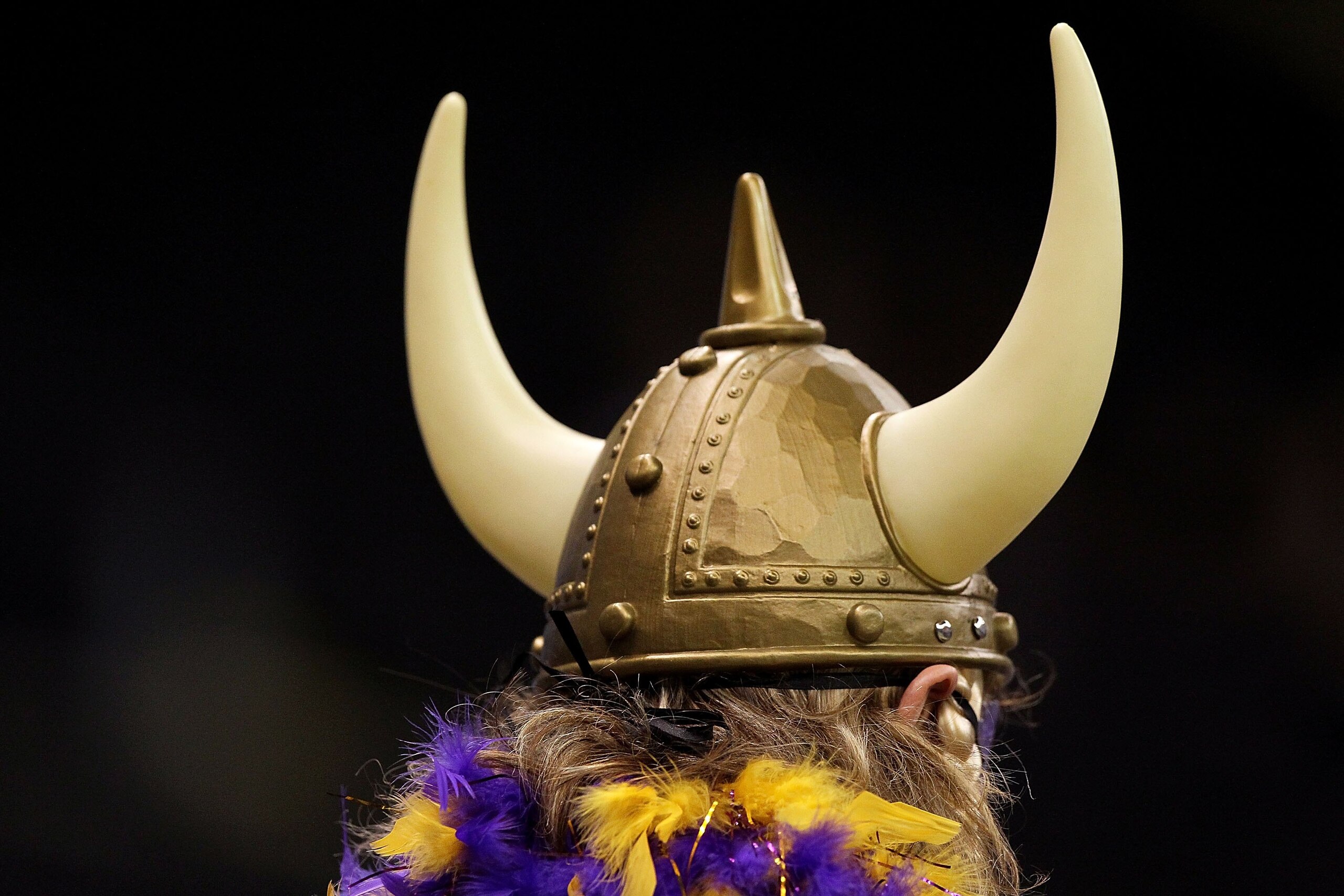 NEW ORLEANS - JANUARY 24: A rear detail view of a fan of the Minnesota Vikings wearing a viking helmet with horns against the New Orleans Saints during the NFC Championship Game at the Louisiana Superdome on January 24, 2010 in New Orleans, Louisiana. ( NEW ORLEANS - JANUARY 24: A rear detail view of a fan of the Minnesota Vikings wearing a viking helmet with horns against the New Orleans Saints during the NFC Championship Game at the Louisiana Superdome on January 24, 2010 in New Orleans, Louisiana. (