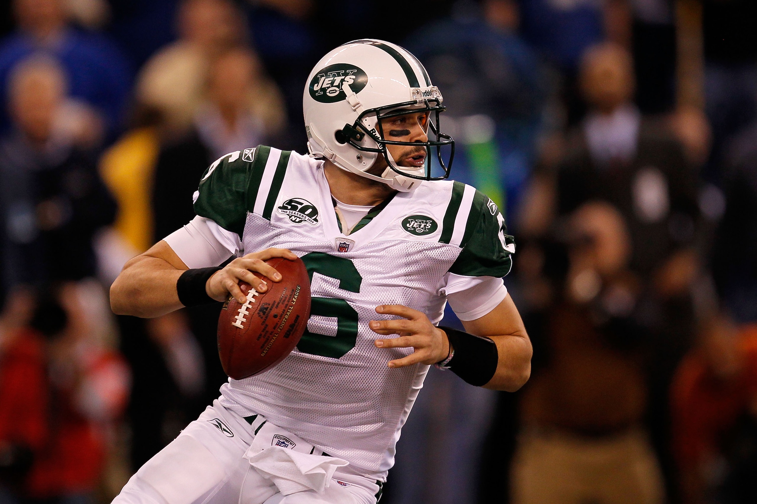 INDIANAPOLIS - JANUARY 24:  Mark Sanchez #6 of the New York Jets looks to pass against the Indianapolis Colts during the first quarter of the AFC Championship Game at Lucas Oil Stadium on January 24, 2010 in Indianapolis, Indiana.  (Photo by Jonathan Dani