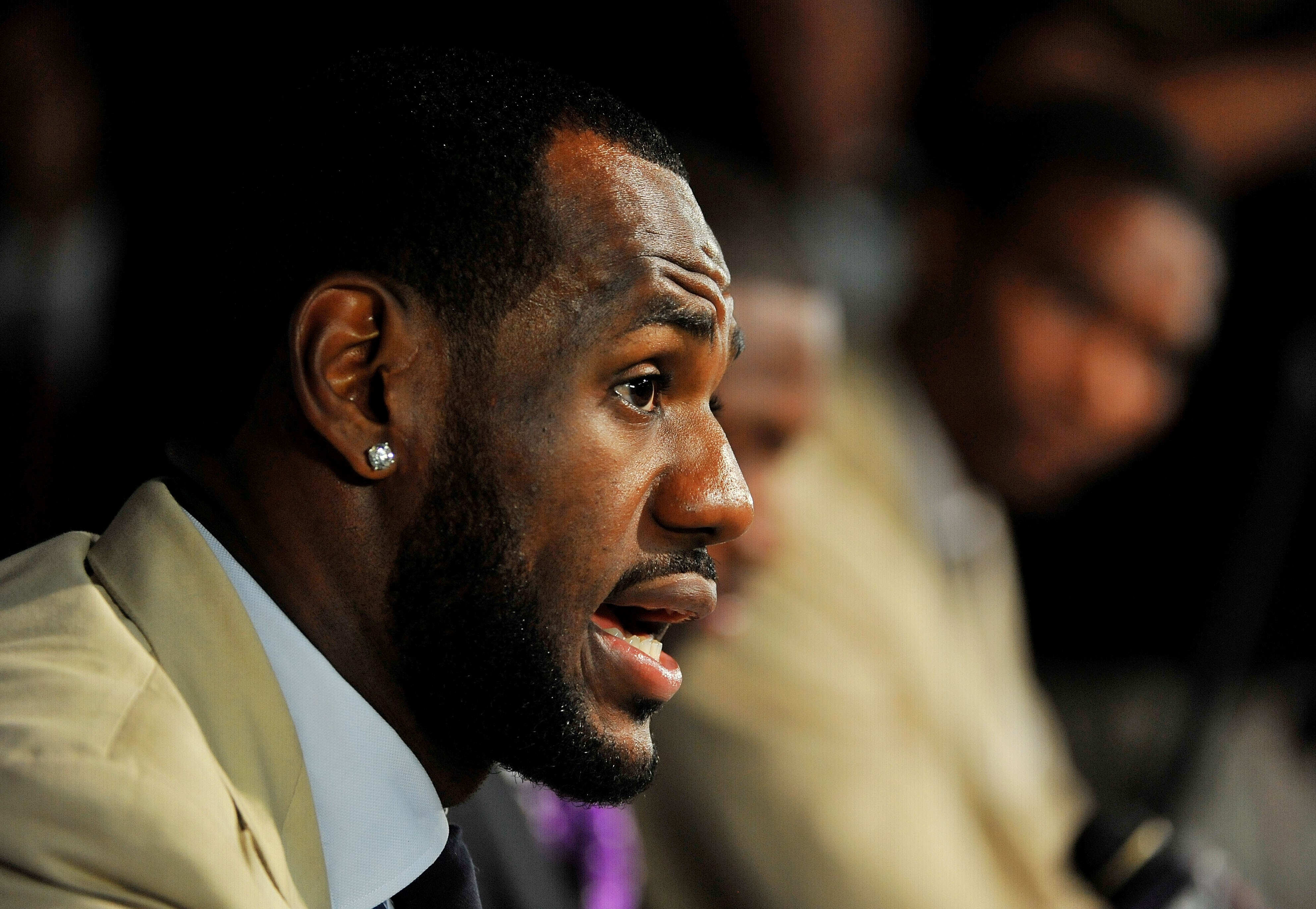 MIAMI - JULY 09:  LeBron James #6 of the Miami Heat talks during a press conference after a welcome party at American Airlines Arena on July 9, 2010 in Miami, Florida.  (Photo by Doug Benc/Getty Images)