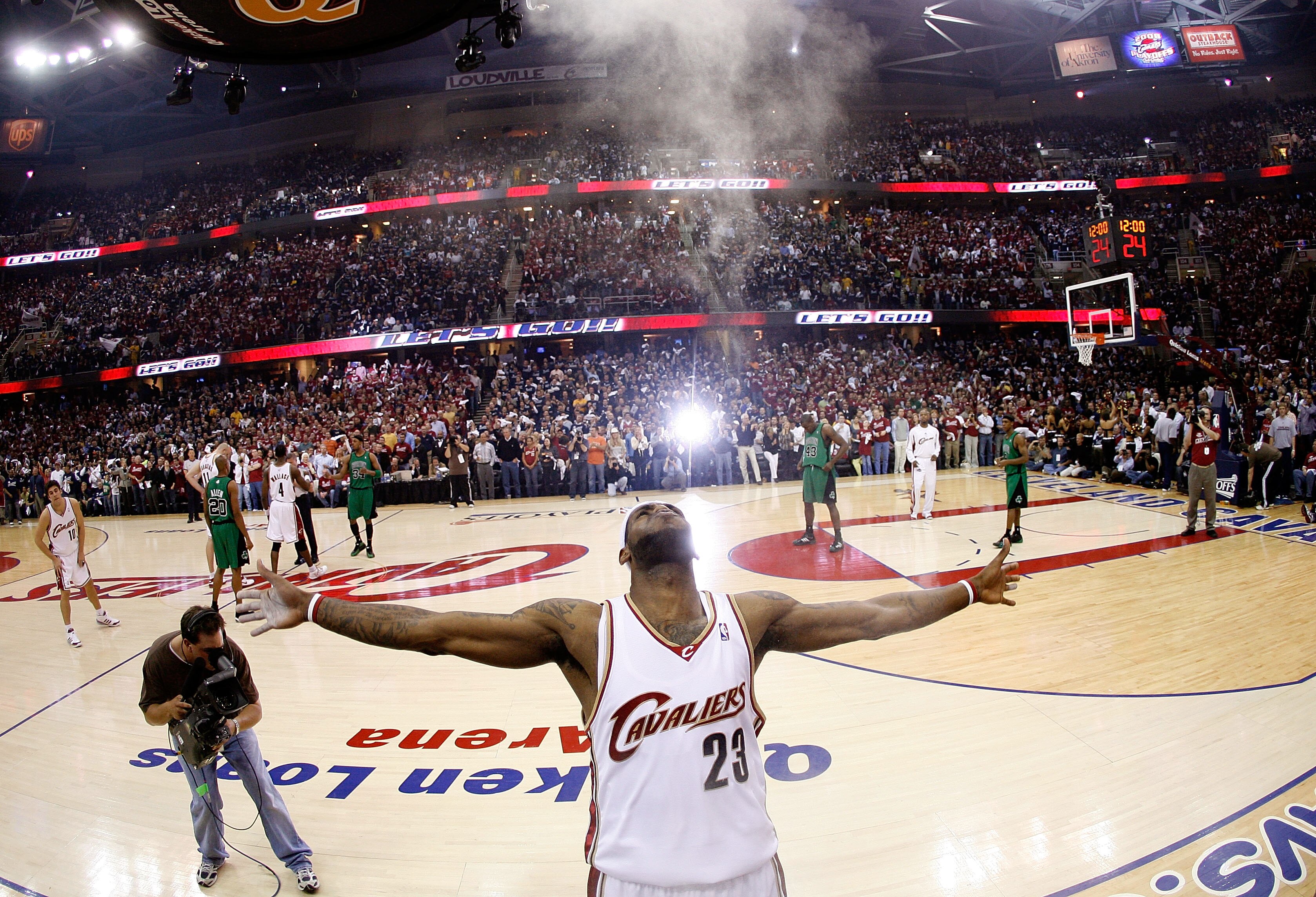 CLEVELAND - MAY 12:  LeBron James #23 of the Cleveland Cavaliers goes through his pregame ritual of applying powder to his hands and throwing it up in the air against the Boston Celtics in Game Four of the 2008 NBA Eastern Conference Semifinals on May 12,
