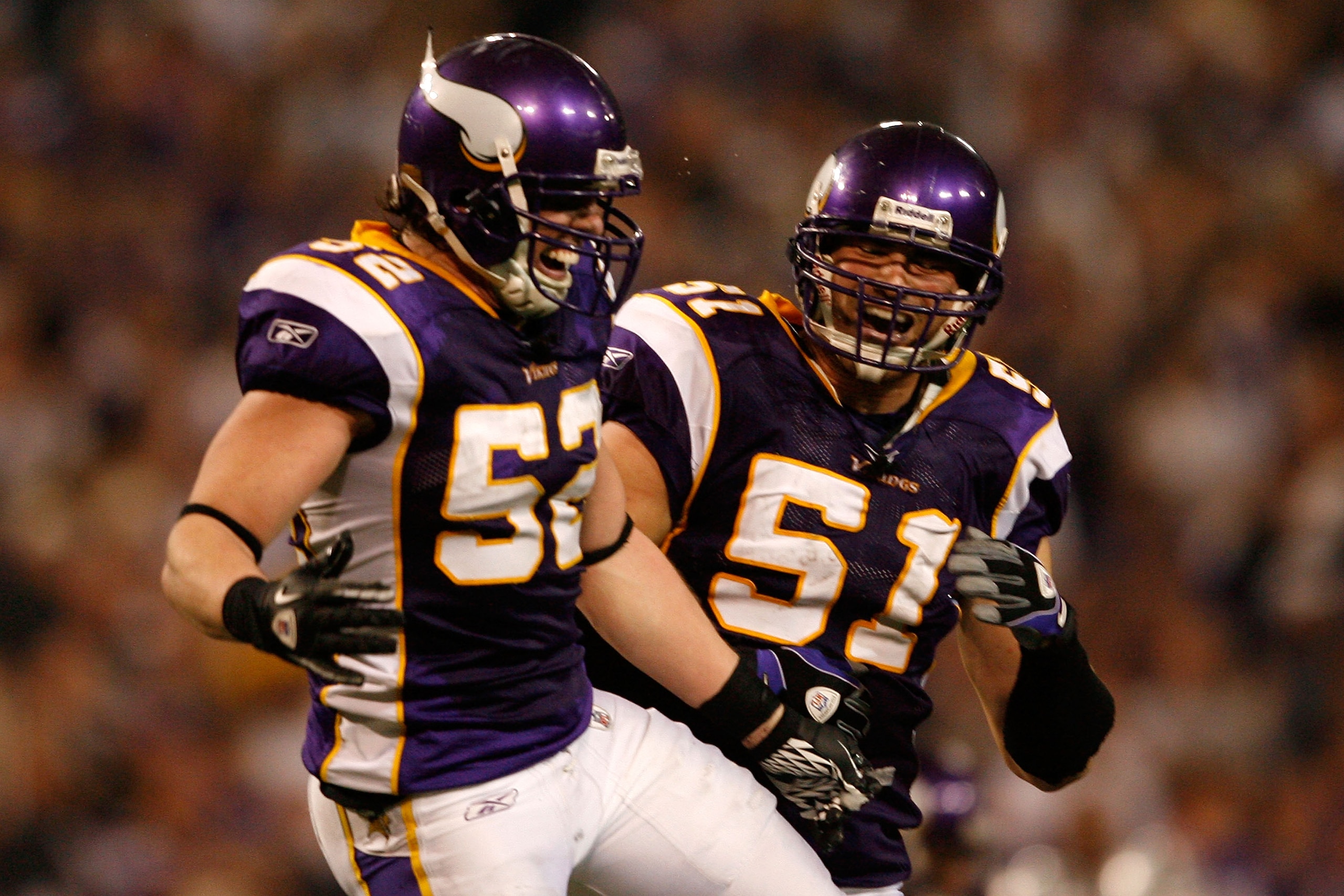 MINNEAPOLIS - JANUARY 17: Linebackers Chad Greenway #52 and Ben Leber #51 of the Minnesota Vikings celebrate a play against the Dallas Cowboys during the fourth quarter of the NFC Divisional Playoff Game at Hubert H. Humphrey Metrodome on January 17, 201 MINNEAPOLIS - JANUARY 17: Linebackers Chad Greenway #52 and Ben Leber #51 of the Minnesota Vikings celebrate a play against the Dallas Cowboys during the fourth quarter of the NFC Divisional Playoff Game at Hubert H. Humphrey Metrodome on January 17, 201