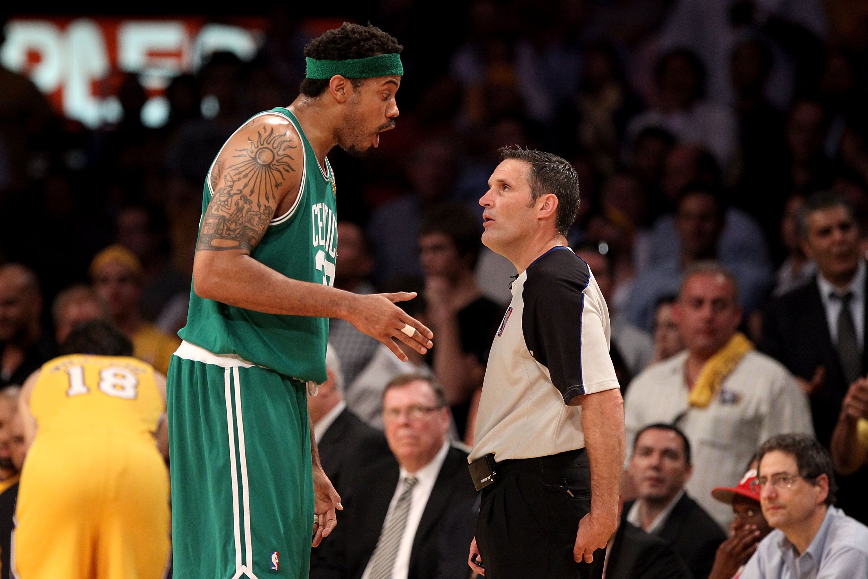 LOS ANGELES, CA - JUNE 15:  Rasheed Wallace #30 of the Boston Celtics discusses a call with referee Monty McCutcheon in the first half against the Los Angeles Lakers in Game Six of the 2010 NBA Finals at Staples Center on June 15, 2010 in Los Angeles, Cal