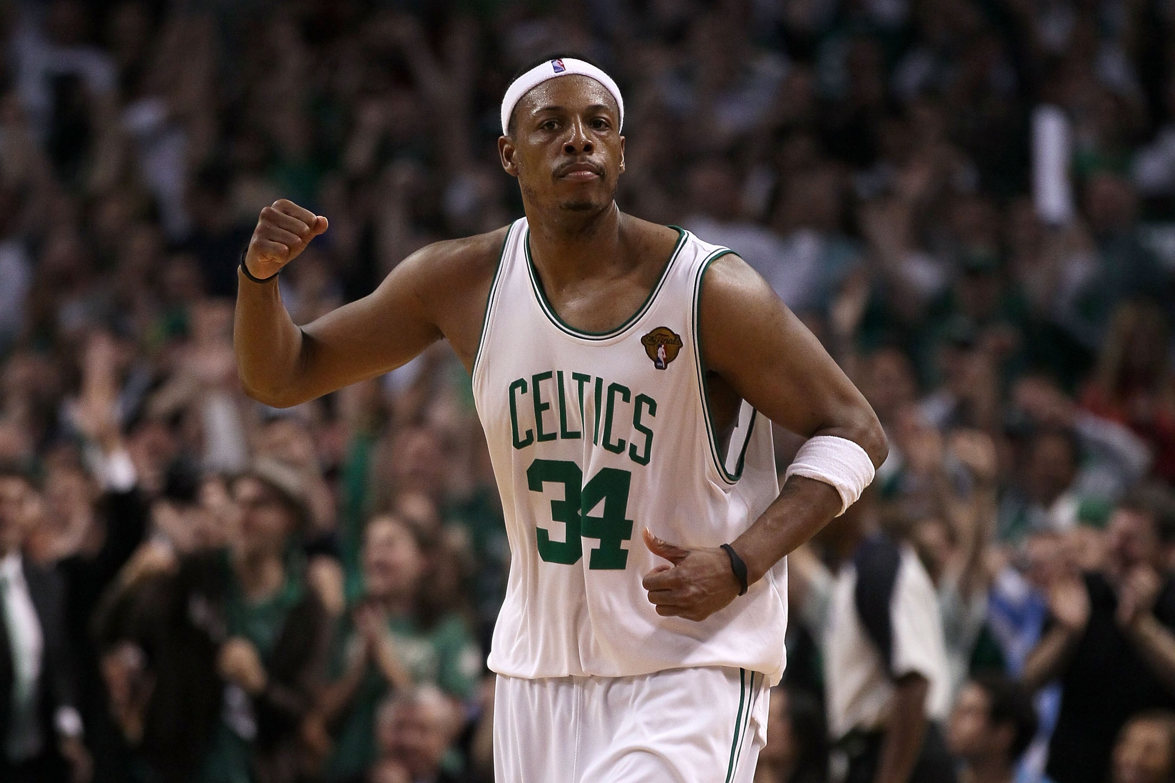 BOSTON - JUNE 13: Paul Pierce #34 of the Boston Celtics celebrates after a play against the Los Angeles Lakers in the fourth quarter during Game Five of the 2010 NBA Finals on June 13, 2010 at TD Garden in Boston, Massachusetts. NOTE TO USER: User expres BOSTON - JUNE 13: Paul Pierce #34 of the Boston Celtics celebrates after a play against the Los Angeles Lakers in the fourth quarter during Game Five of the 2010 NBA Finals on June 13, 2010 at TD Garden in Boston, Massachusetts. NOTE TO USER: User expres