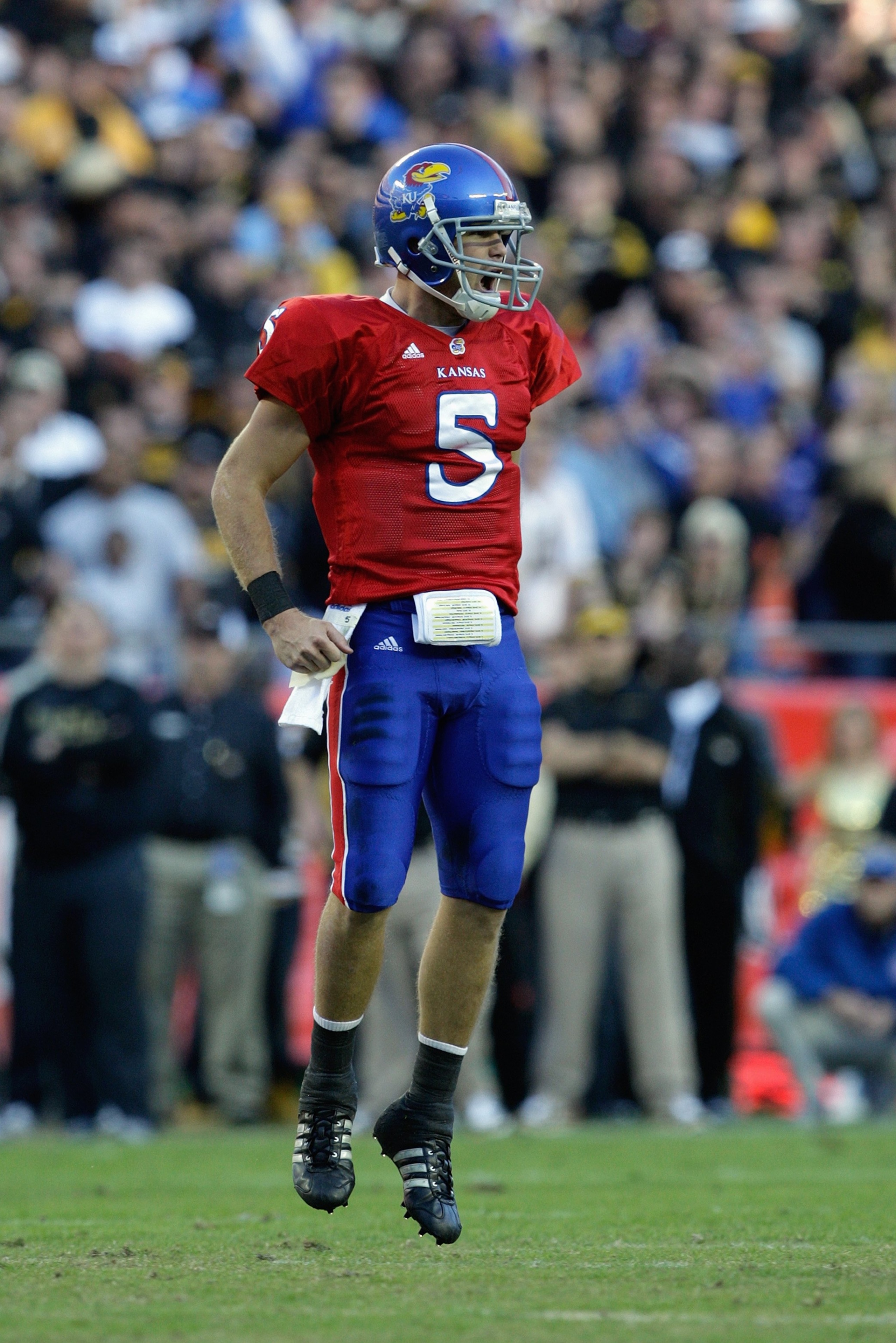 KANSAS CITY, MO - NOVEMBER 28: Quarterback Todd Reesing #5 of the Kansas Jayhawks celebrates during the game against the Missouri Tigers at Arrowhead Stadium on November 28, 2009 in Kansas City, Missouri. (Photo by Jamie Squire/Getty Images)