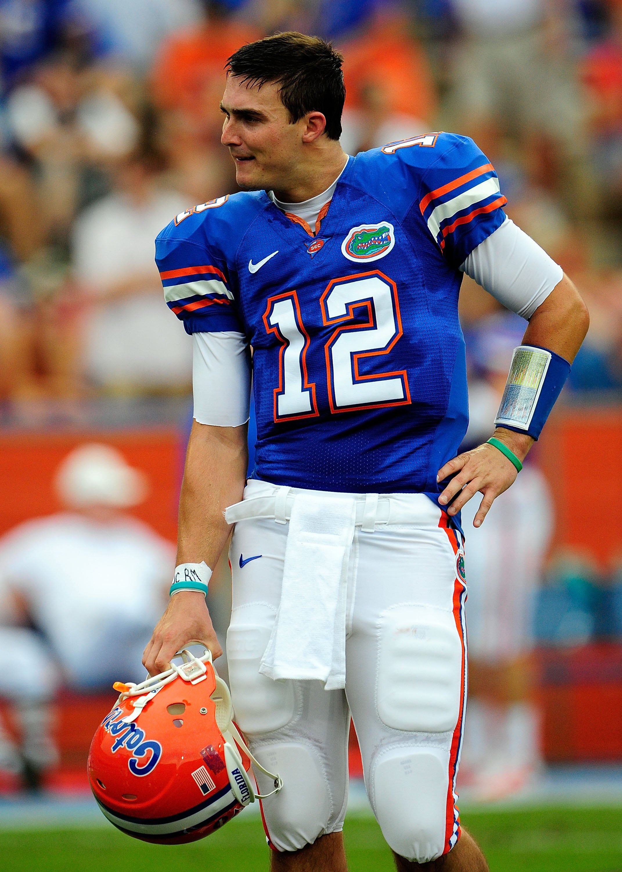 GAINESVILLE, FL - SEPTEMBER 5:  John Brantley #12 of the Florida Gators watches the action prior to the game against the Charleston Southern Buccaneers at Ben Hill Griffin Stadium on September 5, 2009 in Gainesville, Florida.  (Photo by Sam Greenwood/Gett