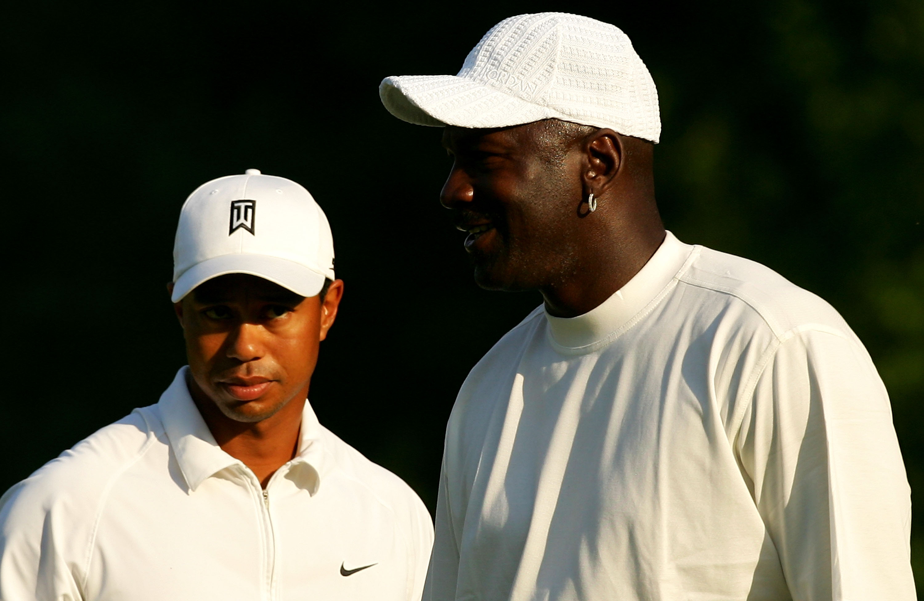 CHARLOTTE, NC - MAY 02:  Tiger Woods stands with basketball star Michael Jordan on the 5th green during the Pro-am at the Wachovia Championship at Quail Hollow Country Club on May 2, 2007 in Charlotte, North Carolina.  (Photo by Streeter Lecka/Getty Image