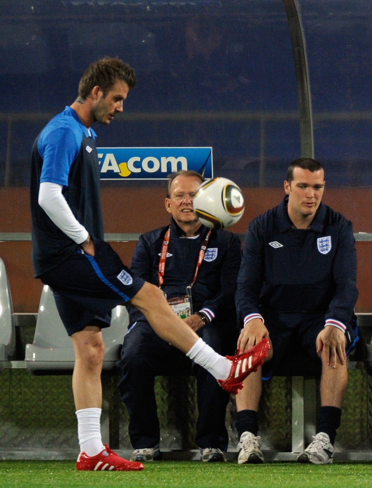 RUSTENBURG, SOUTH AFRICA - JUNE 11:  David Beckham controls the ball during the England training session at the Royal Bafokeng Stadium on June 11, 2010 in Rustenburg, South Africa.  (Photo by Kevork Djansezian/Getty Images)