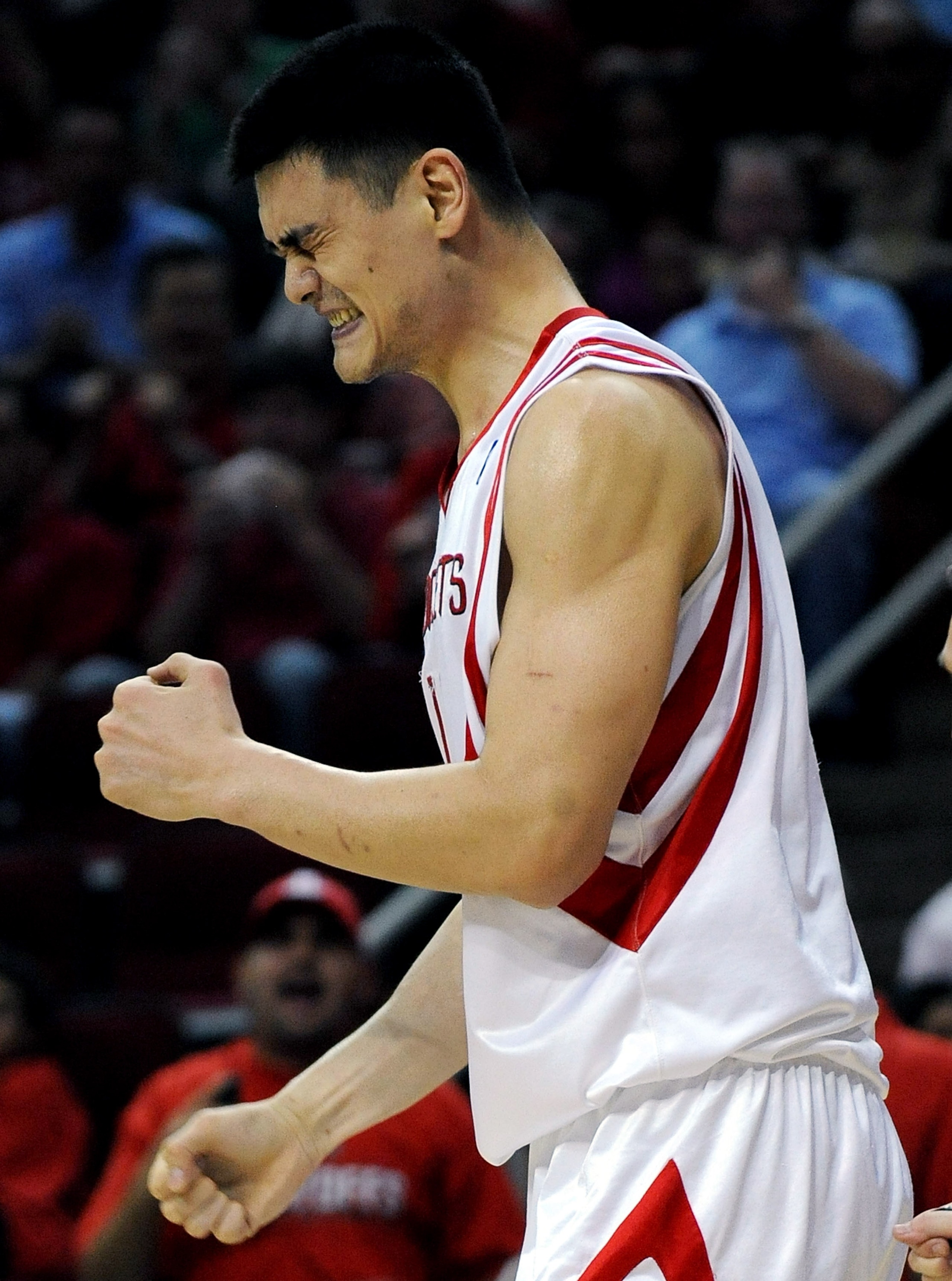 HOUSTON - APRIL 26:  Center Yao Ming #11 of the Houston Rockets reacts after being fouled against the Portland Trail Blazers in Game Four of the Western Conference Quarterfinals during the 2009 NBA Playoffs at Toyota Center on April 26, 2009 in Houston, T