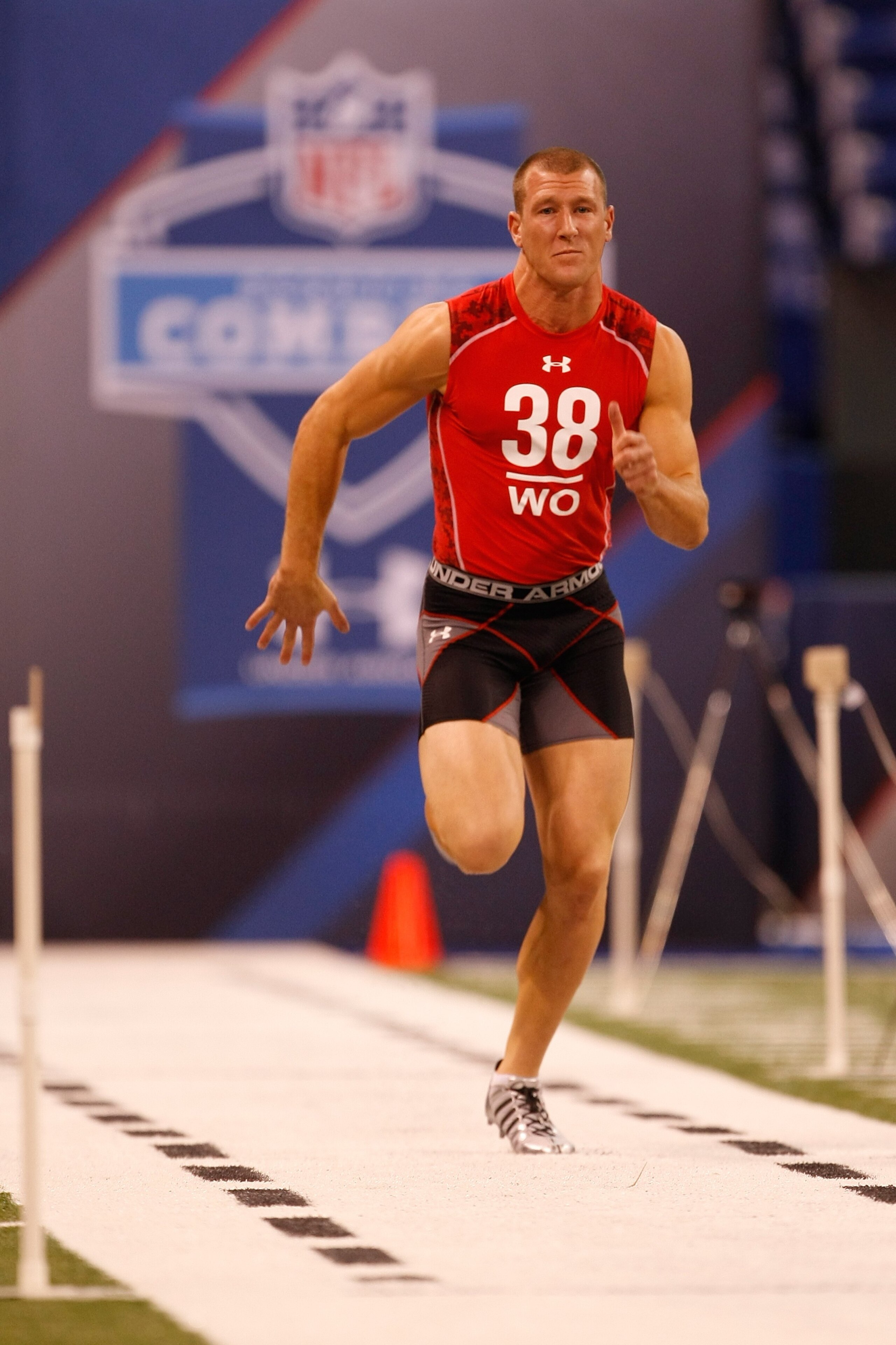 INDIANAPOLIS, IN - FEBRUARY 28: Wide receiver Blair White of Michigan State runs the 40 yard dash during the NFL Scouting Combine presented by Under Armour at Lucas Oil Stadium on February 28, 2010 in Indianapolis, Indiana. (Photo by Scott Boehm/Getty Ima