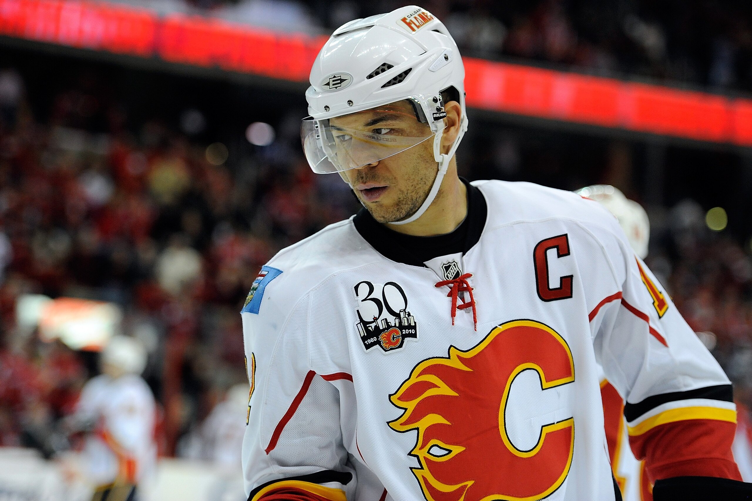 WASHINGTON - MARCH 28:  Jarome Iginla #12 of the Calgary Flames rests during a break in the game against the Washington Capitals at the Verizon Center on March 28, 2010 in Washington, DC.  (Photo by Greg Fiume/Getty Images)