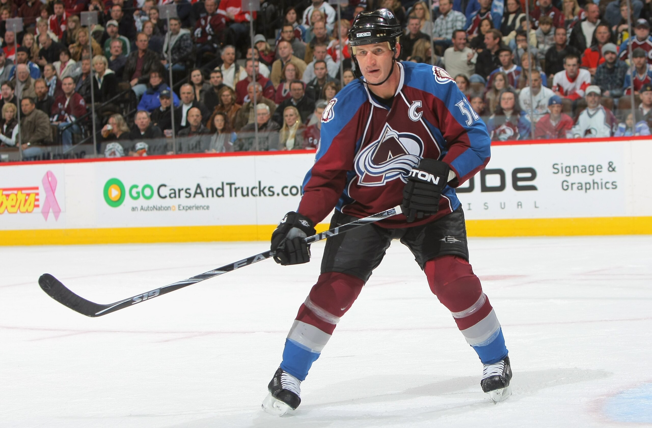 DENVER - OCTOBER 24:  Adam Foote #52 of the Colorado Avalanche skates against the Detroit Red Wings during NHL action at the Pepsi Center on October 24, 2009 in Denver, Colorado. The Avalanche defeated the Red Wings 3-1.  (Photo by Doug Pensinger/Getty Im