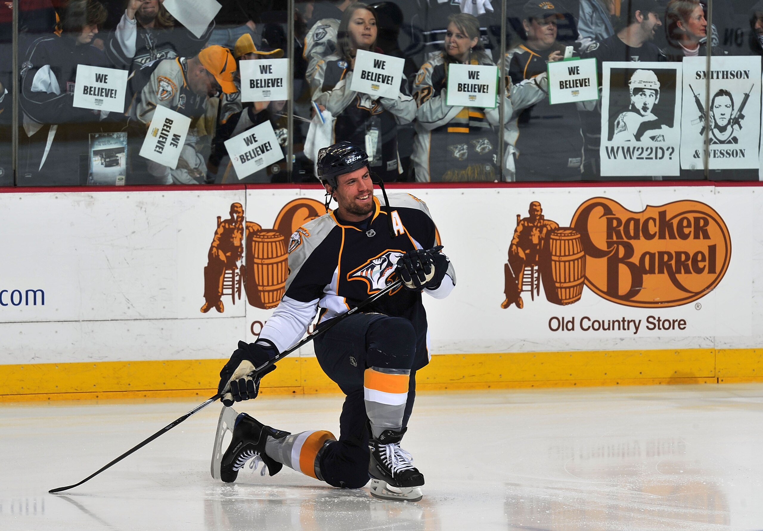 NASHVILLE, TN - APRIL 26; Predators fans holding signs saying 'We Believe' surround Shea Weber #6 of the Nashville Predators as he warms up prior to a game against the Chicago Blackhawks in Game Six of the Western Conference Quarterfinals during the 2010