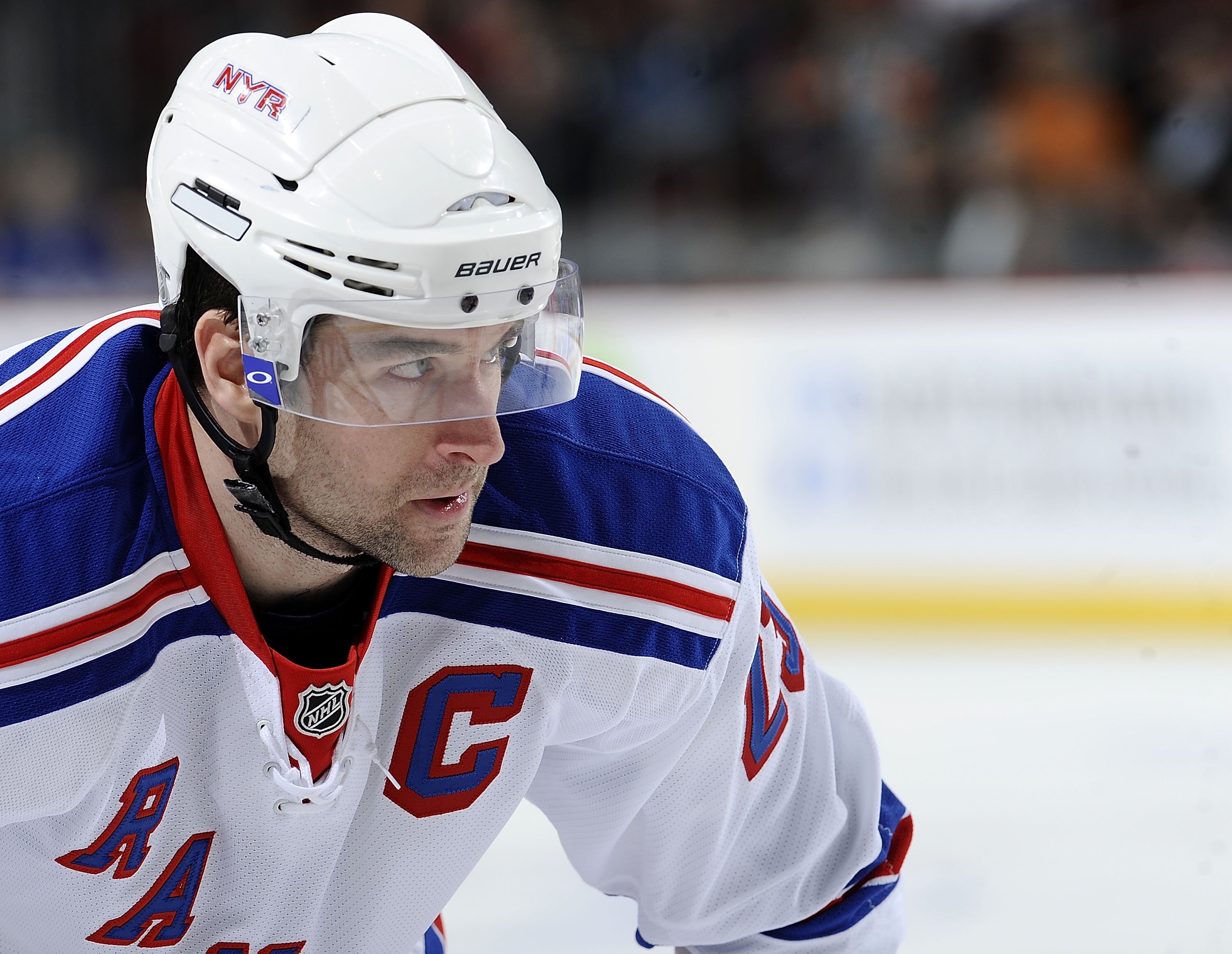NEWARK, NJ - MARCH 25:  Chris Drury #33 of the New York Rangers waits for the puck to drop against the New Jersey Devils at the Prudential Center on March 25, 2010 in Newark, New Jersey.  (Photo by Jeff Zelevansky/Getty Images)