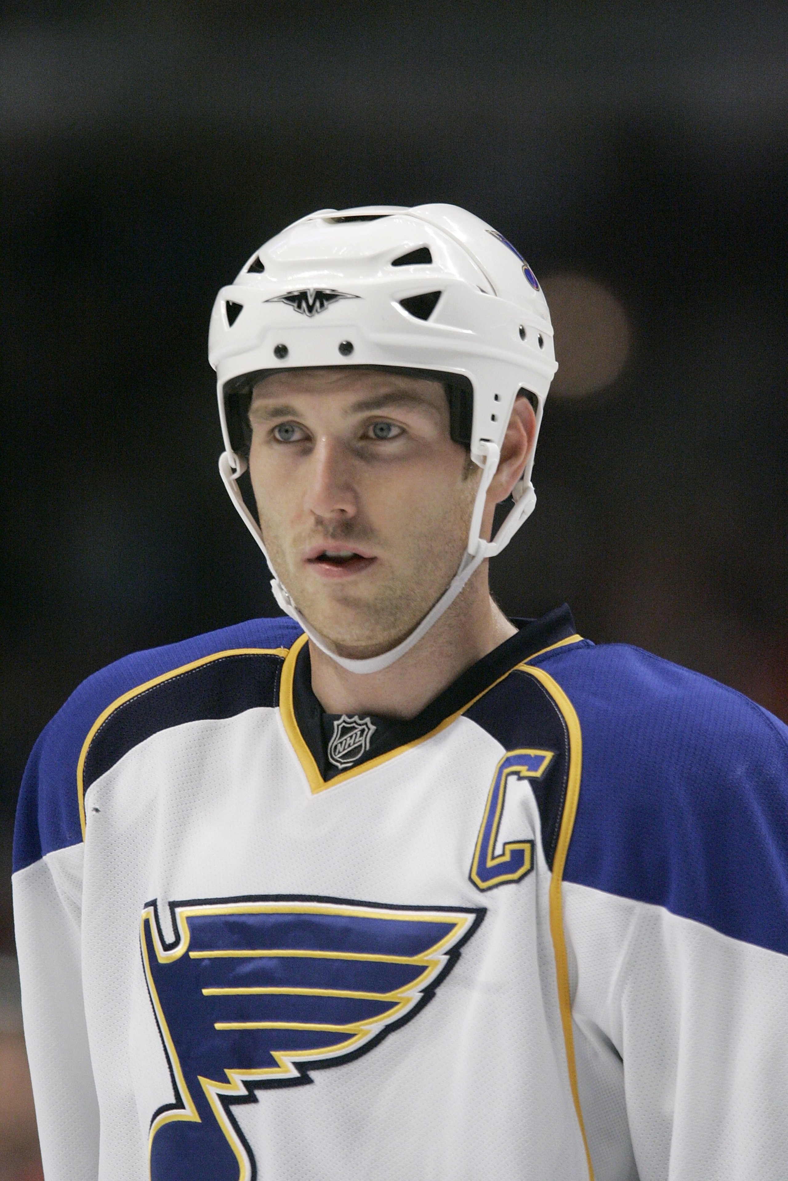 CHICAGO - NOVEMBER 14:  Eric Brewer #4 of the St. Louis Blues stands on the ice against the Chicago Blackhawks during the second period at the United Center on November 14, 2008 in Chicago, Illinois. The Blues won 4-3 in overtime.  (Photo by Brian Kersey/